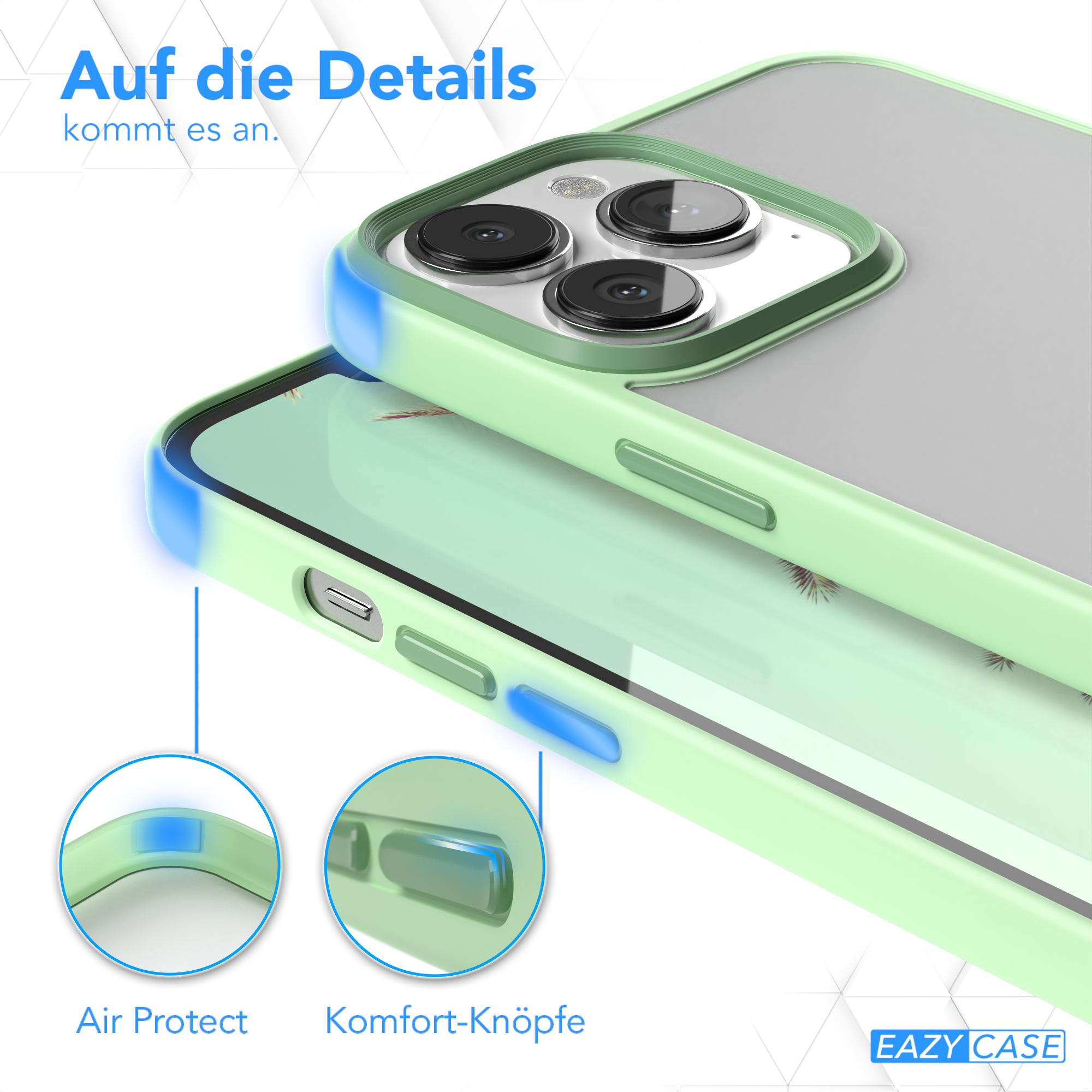 Nahaufnahme einer Handyhülle. Air Protect- und Komfort-Tasten werden hervorgehoben. Grüne Hülle und blaue Akzente.