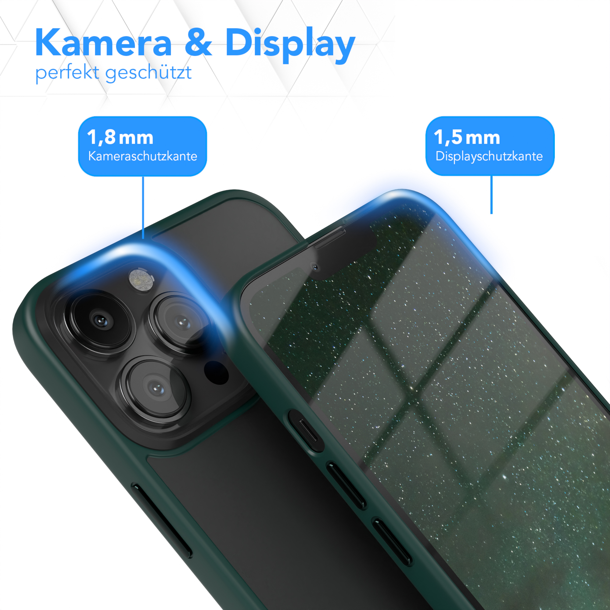 Nahaufnahme einer Handyhülle, die Kamera und Display schützt. Text: 1,8 mm Kameraschutz, 1,5 mm Displayschutz.