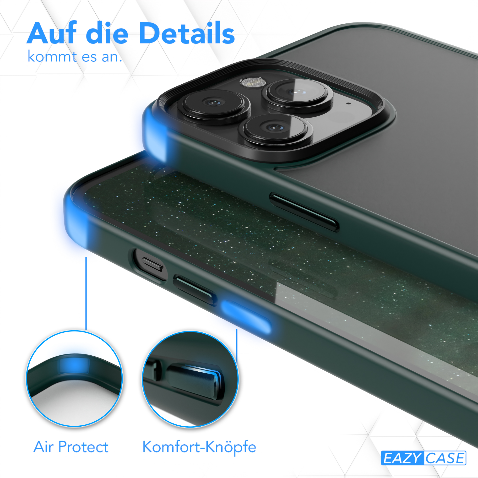 Nahaufnahme einer Handyhülle mit blauen Lichtern. Zeigt Air Protect und Komfort-Tasten. Grüner Farbton.