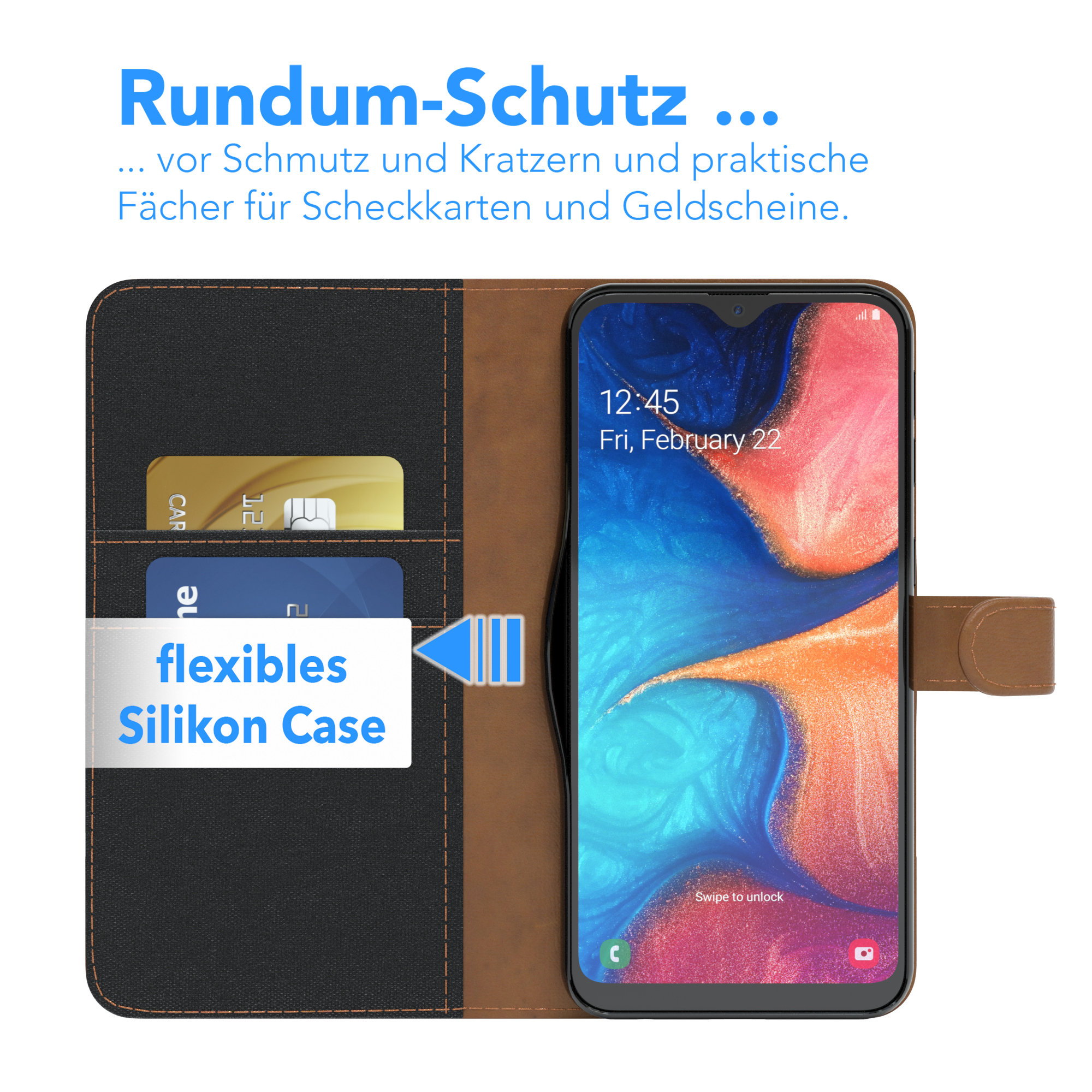 Eine Handyhülle mit einem Telefon darin. Zwei Karten befinden sich in der Hülle. Die Hülle hat ein braunes und schwarzes Design.