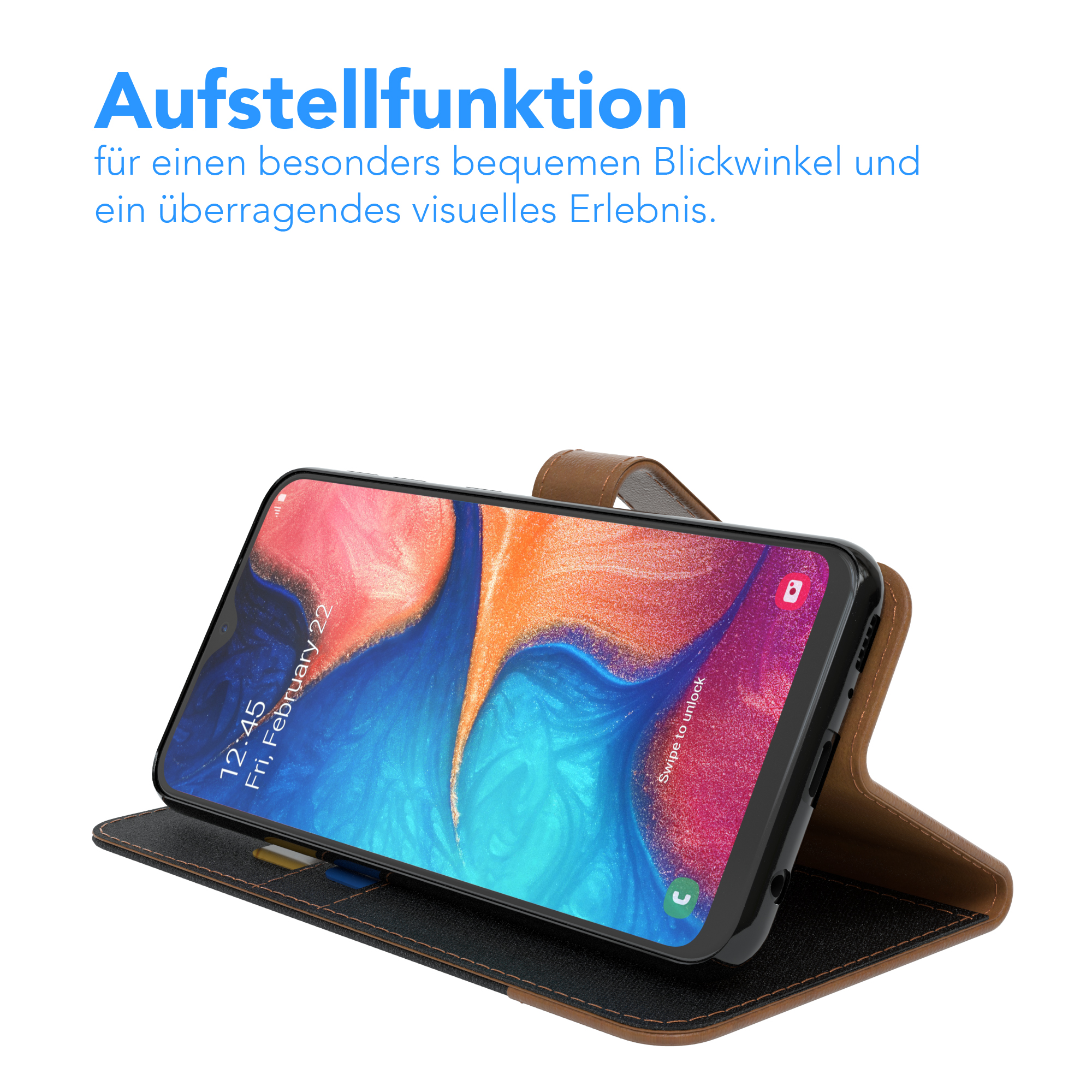 Telefon in brauner Hülle aufgestellt. Text: Aufstellfunktion.