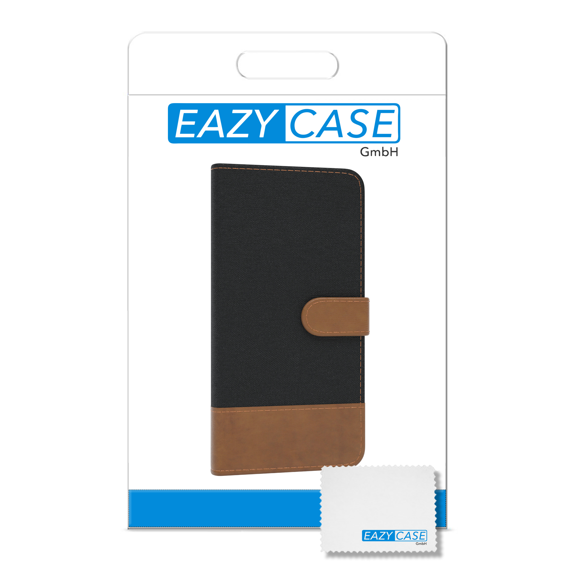 Schwarze und braune Handyhülle in einer weißen Verpackung mit einem Reinigungstuch. EAZY CASE Logo sichtbar.