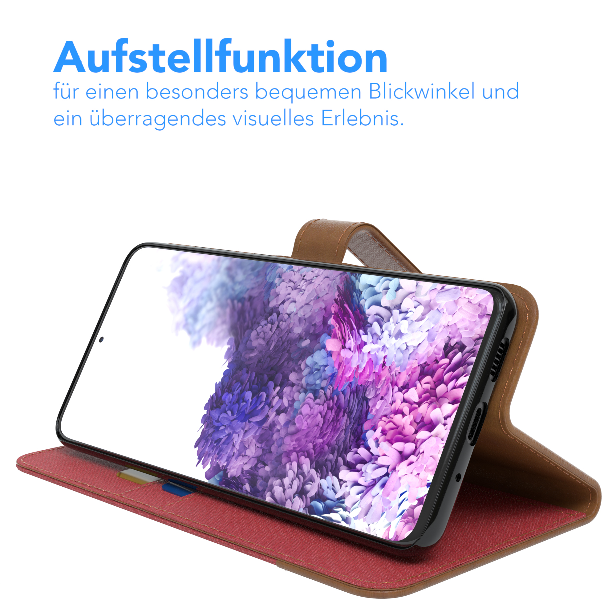 Telefon in einer braunen und roten Hülle, geöffnet, mit lila Blumen-Tapete auf dem Bildschirm.