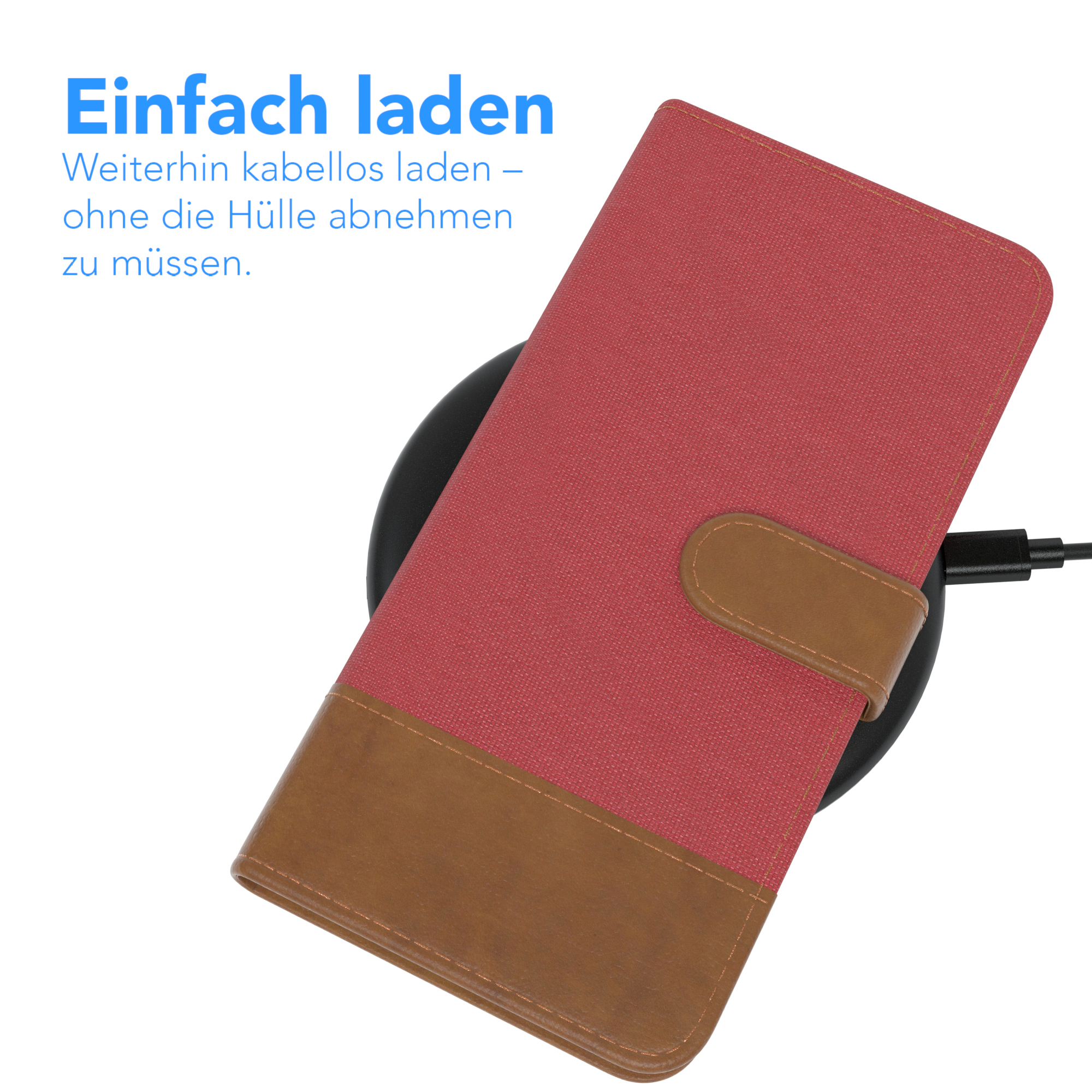 Rote Handyhülle auf kabellosem Ladegerät, mit braunem Lederteil.