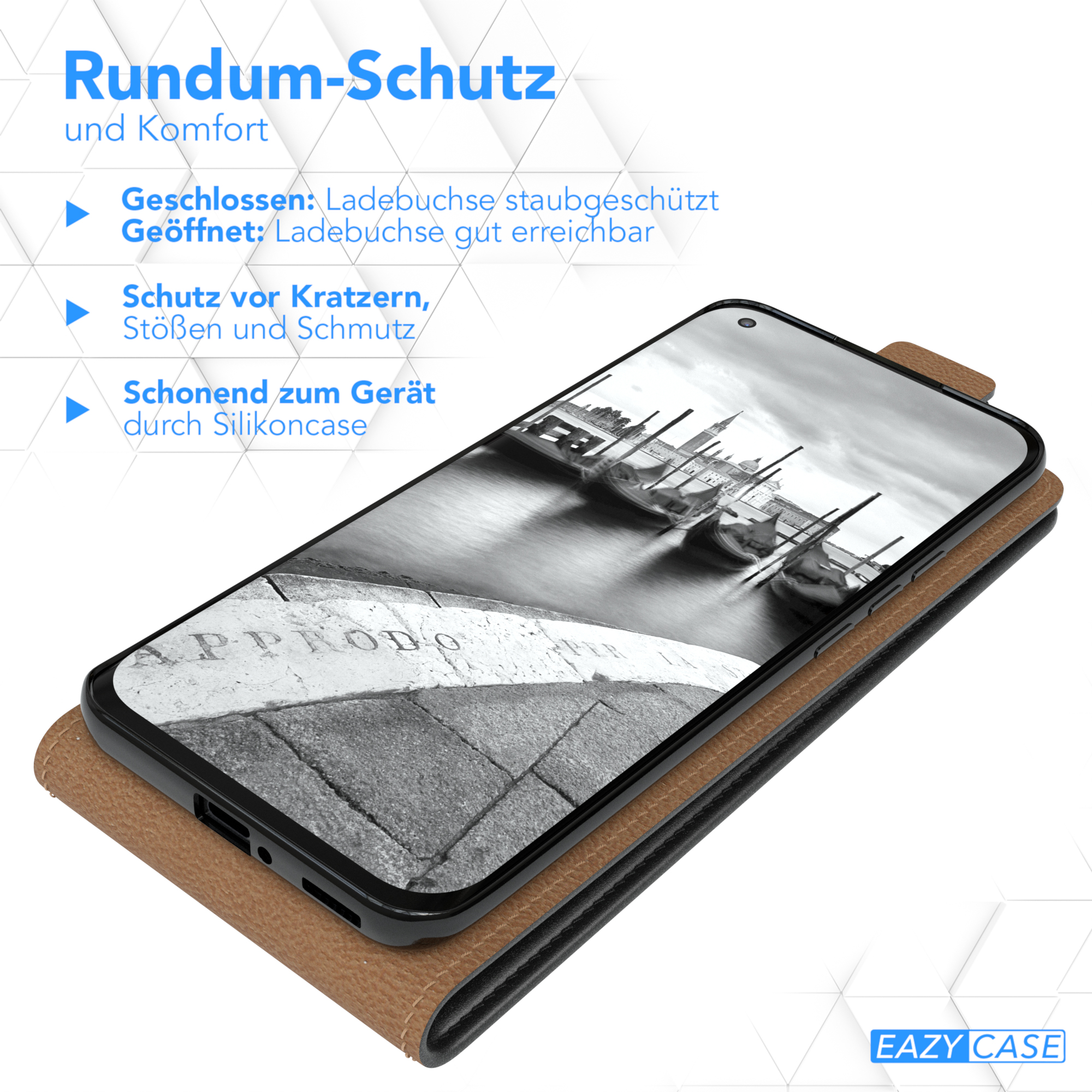 Telefon im Case, offen, Venedig-Bild zeigend, Text über Schutz und Komfort, und Markenlogo.
