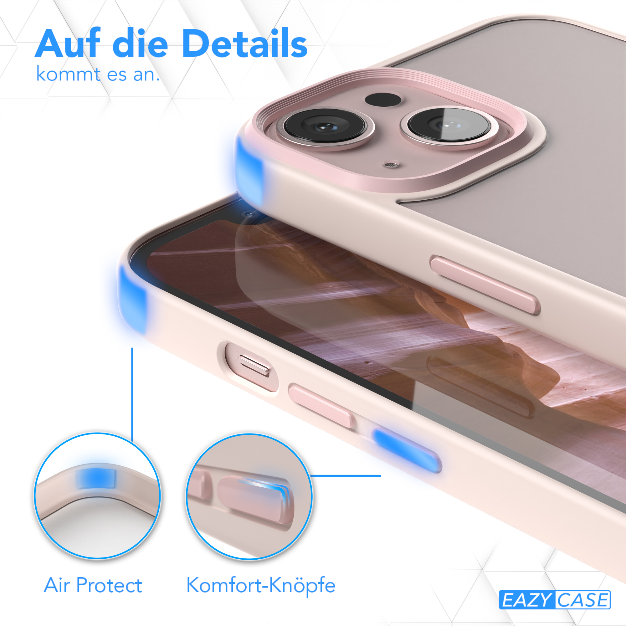 Eine Nahaufnahme einer Handyhülle und eines Telefons. Details des Designs werden hervorgehoben.