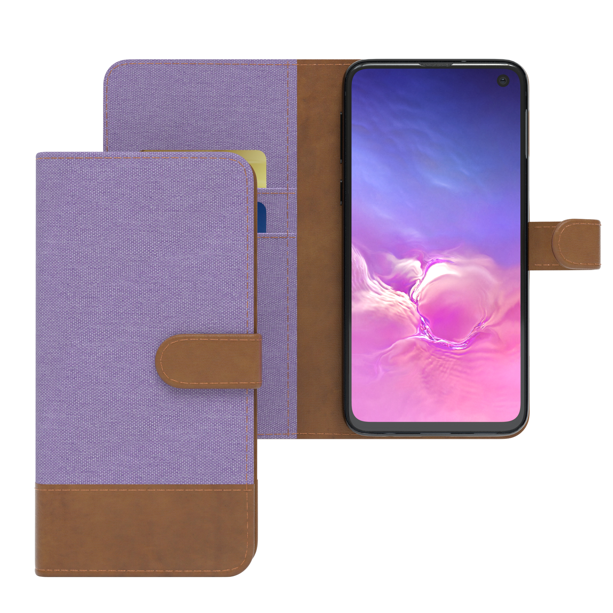 Lila und braune Handyhülle mit Telefon darin. Karten in der Tasche.
