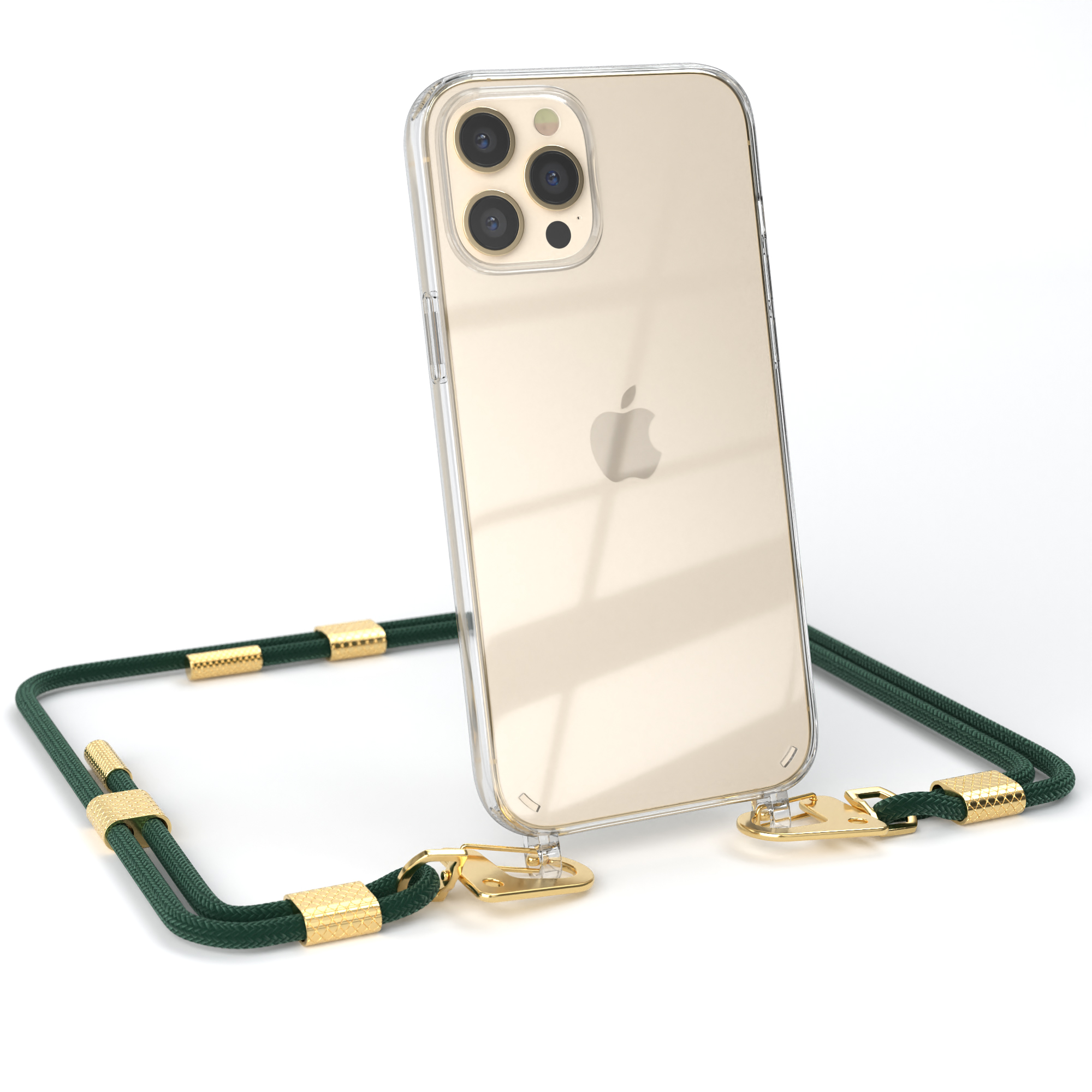 Transparente Handyhülle mit goldenen Akzenten, grüner Kordel. Das Telefon lehnt.