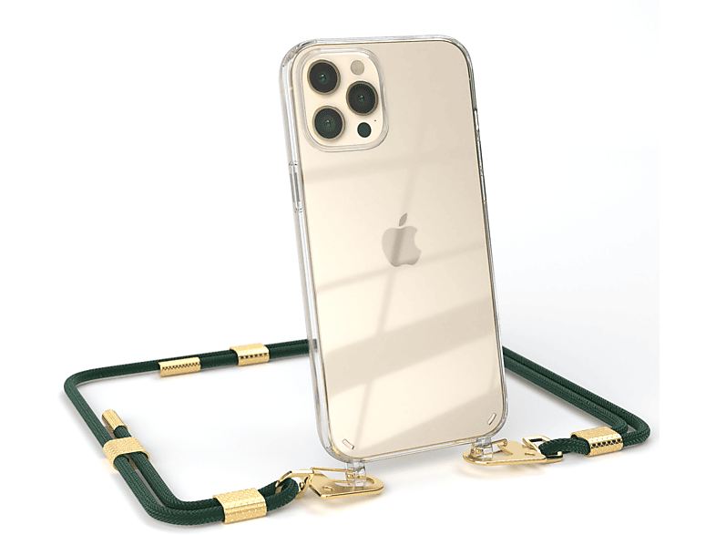 EAZY CASE Transparente Handyhülle mit runder Kordel + Karabiner, Umhängetasche, Apple, iPhone 12 Pro Max, Nachtgrün / Gold