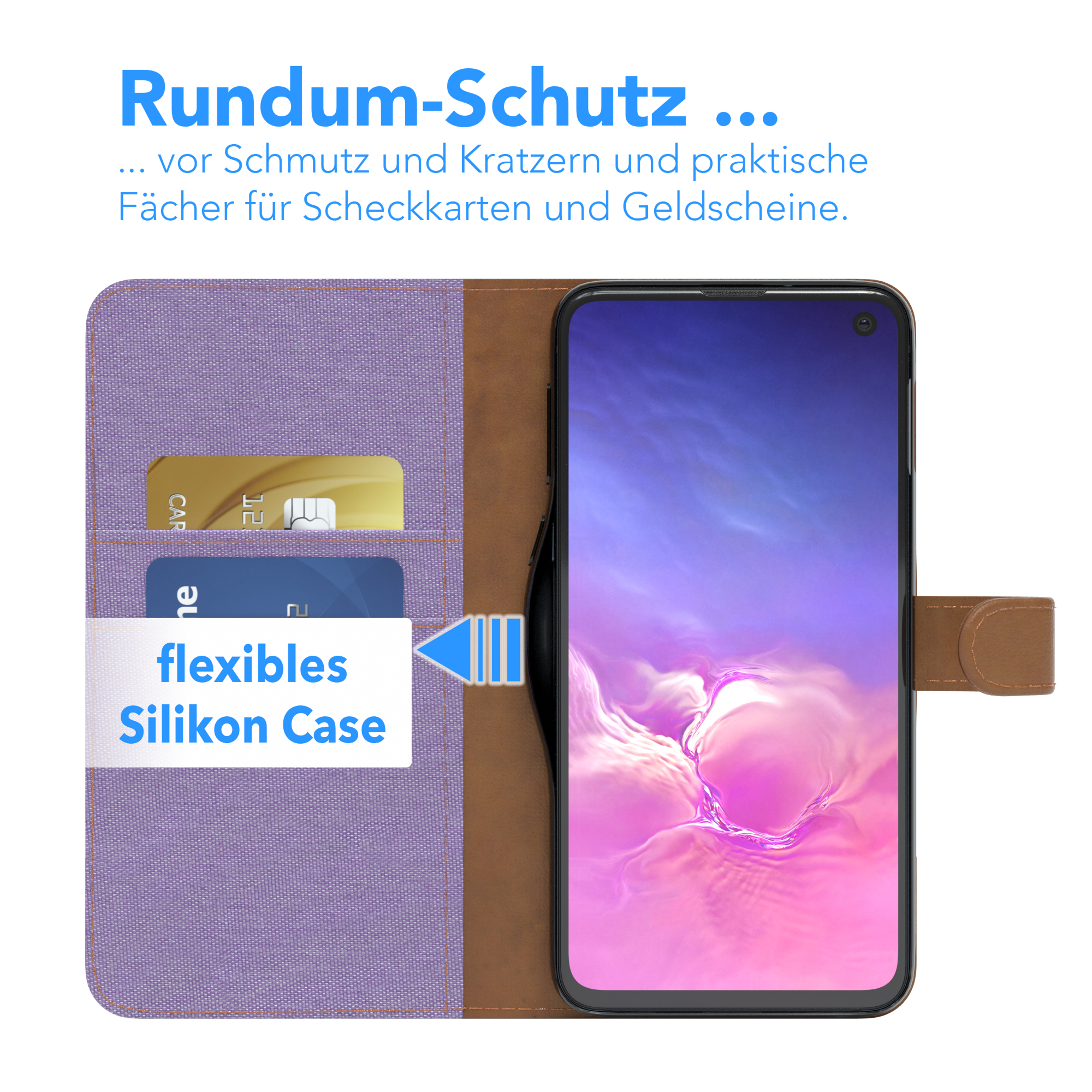 Telefon in einer lila-braunen Lederhülle mit Kartenfächern, Text lautet 'flexibles Silikon Case' und 'Rundum-Schutz'.