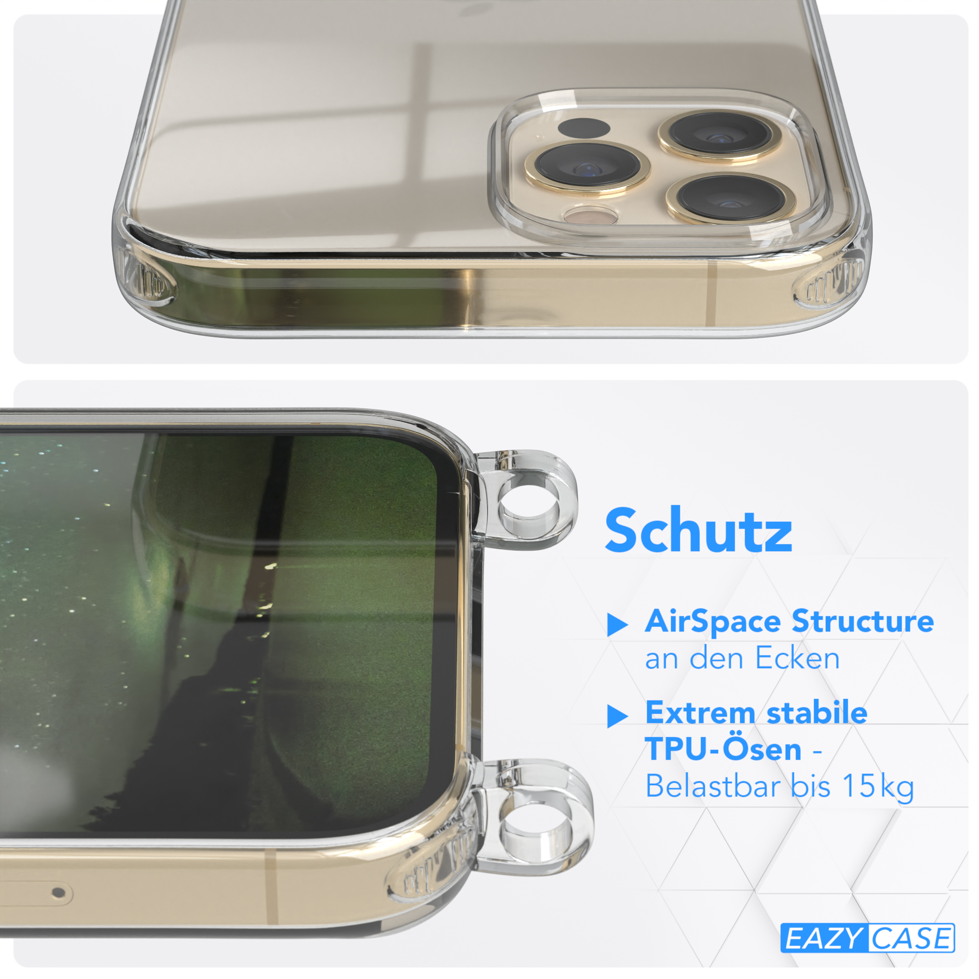 Eine Handyhülle mit transparentem Design. Die Hülle ist transparent und zeigt die Rückseite des Telefons.