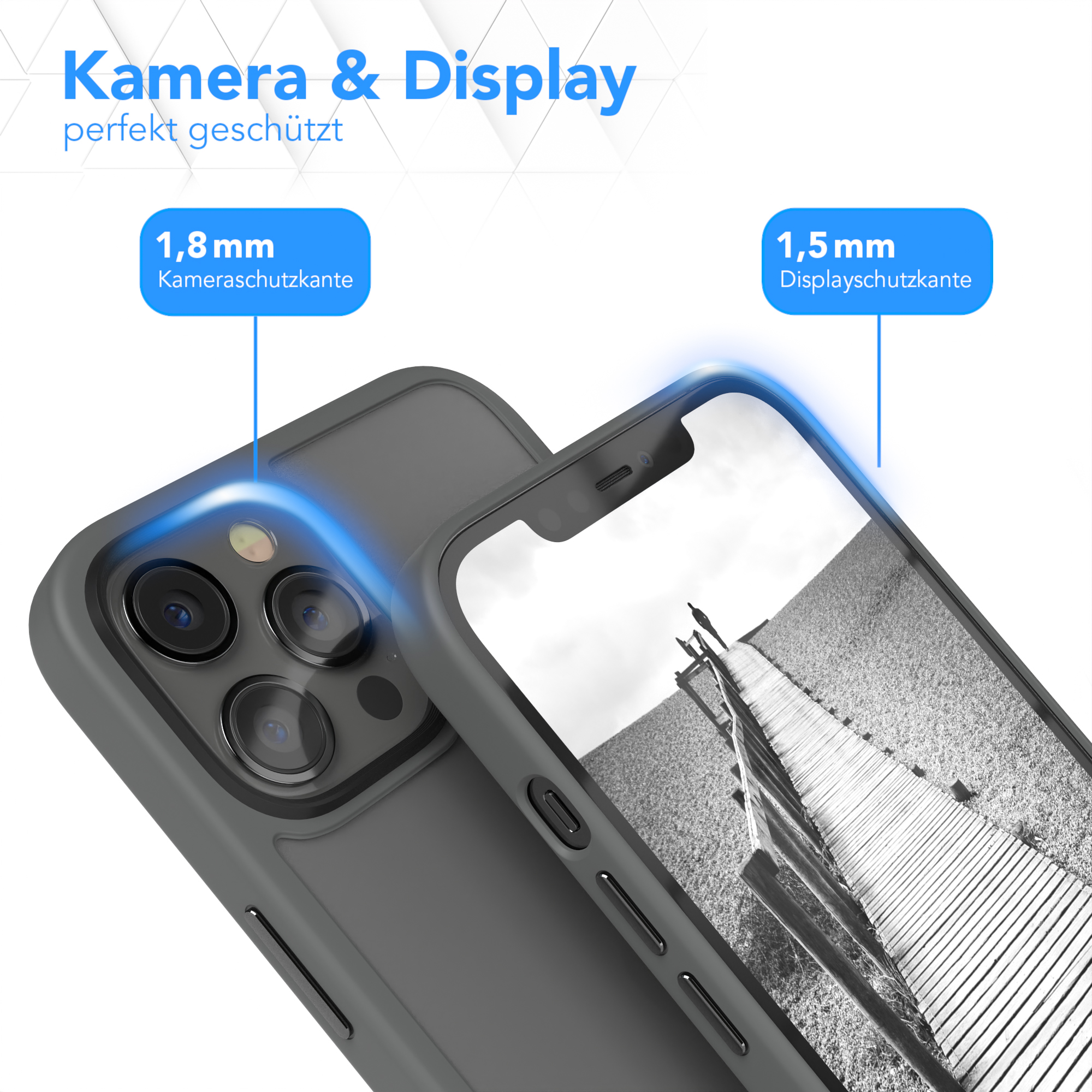 Nahaufnahme der Handyhülle mit Text, der 1,8 mm Kameraschutz und 1,5 mm Displayschutz angibt.