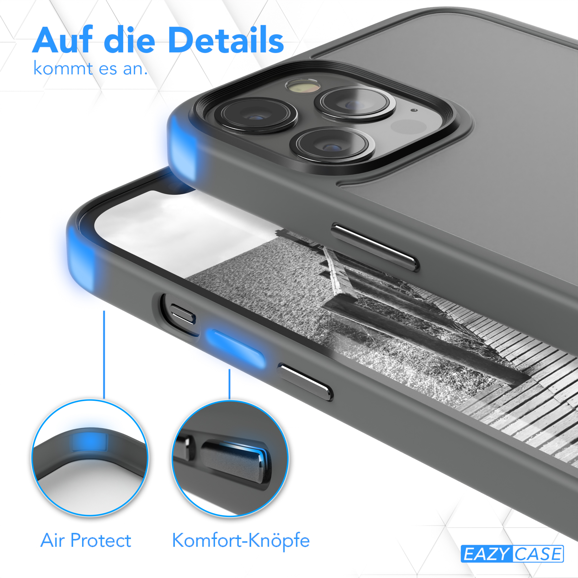 Eine Handyhülle zeigt Details wie Luftschutz und Komfortknöpfe.