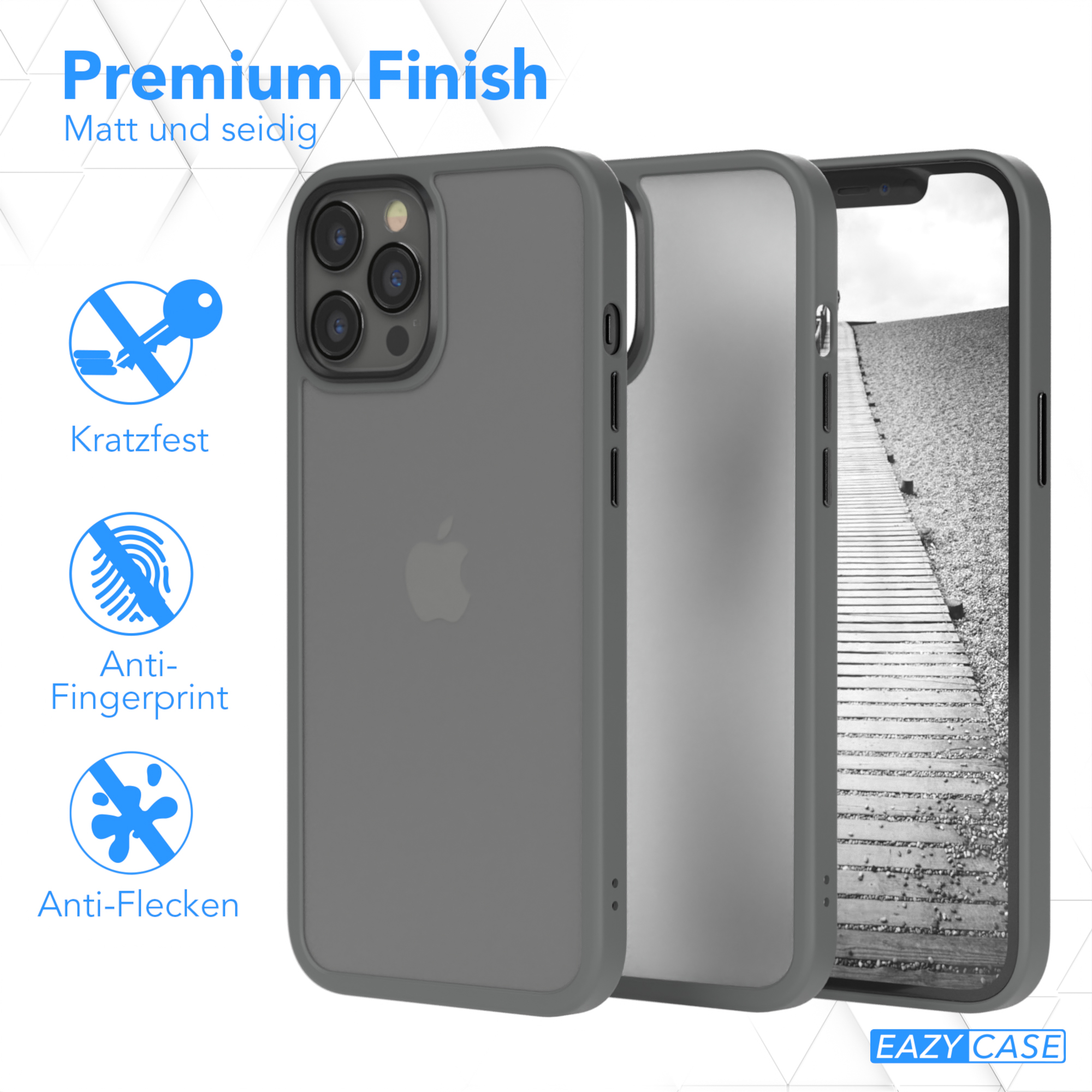 Graue Handyhülle und Komponenten, mit Text: Premium Finish.