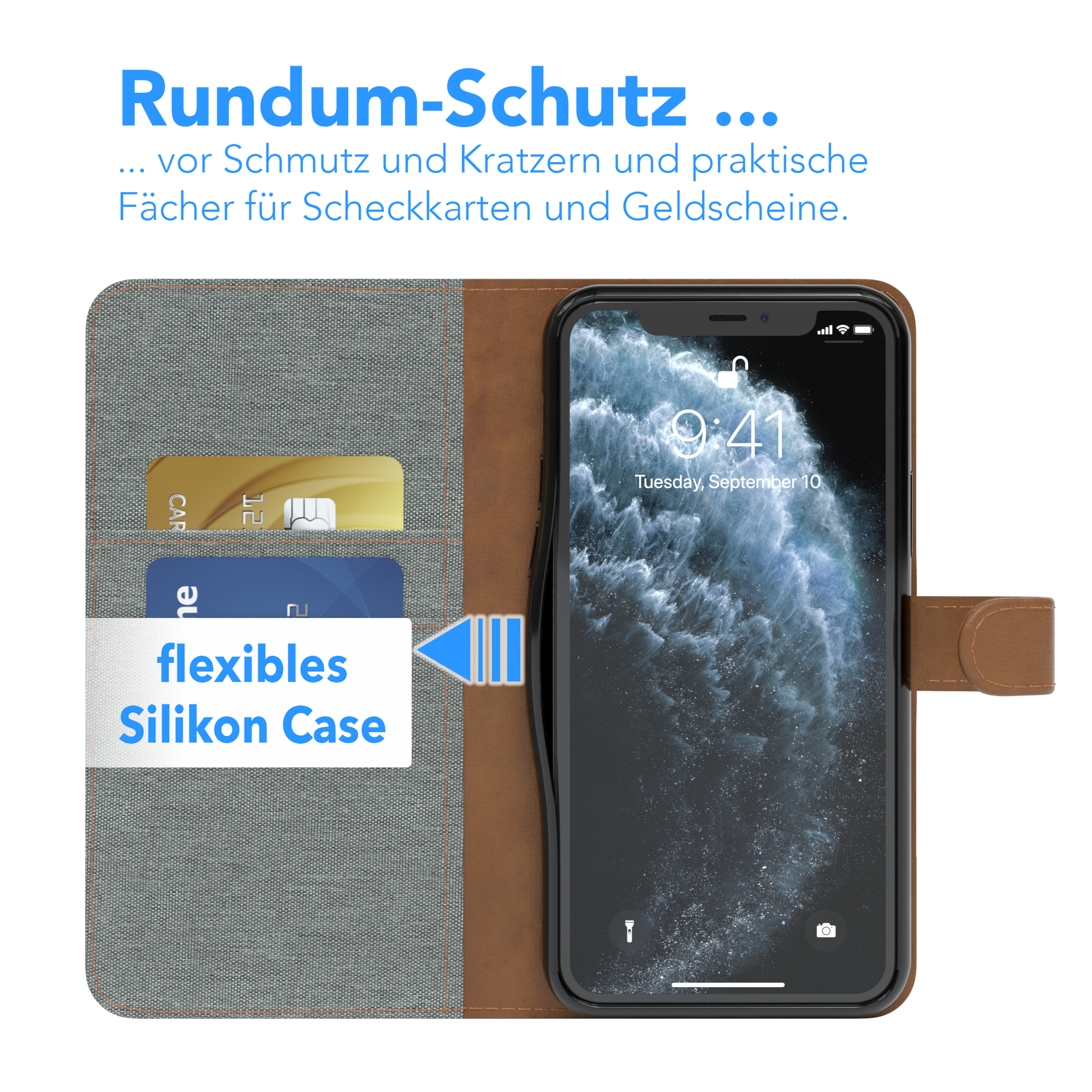 Telefon in Hülle mit Kreditkarten. Die Hülle ist offen. Text: Flexible Silikonhülle.