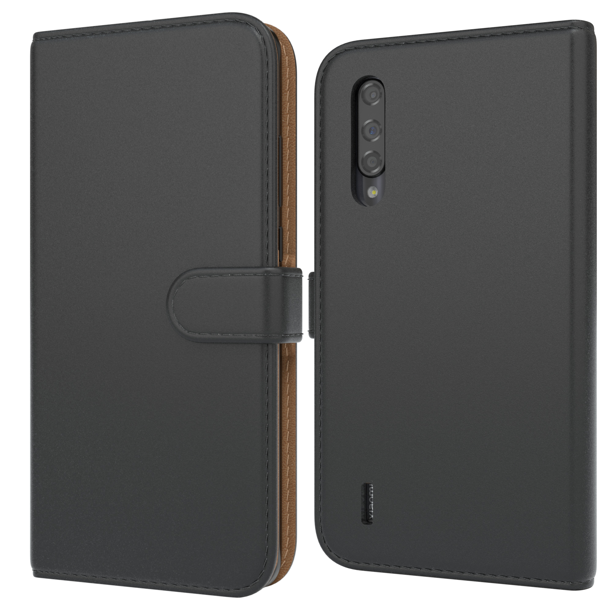 Ein schwarzes Telefon in einer Lederhülle. Die Hülle ist geschlossen und geöffnet.