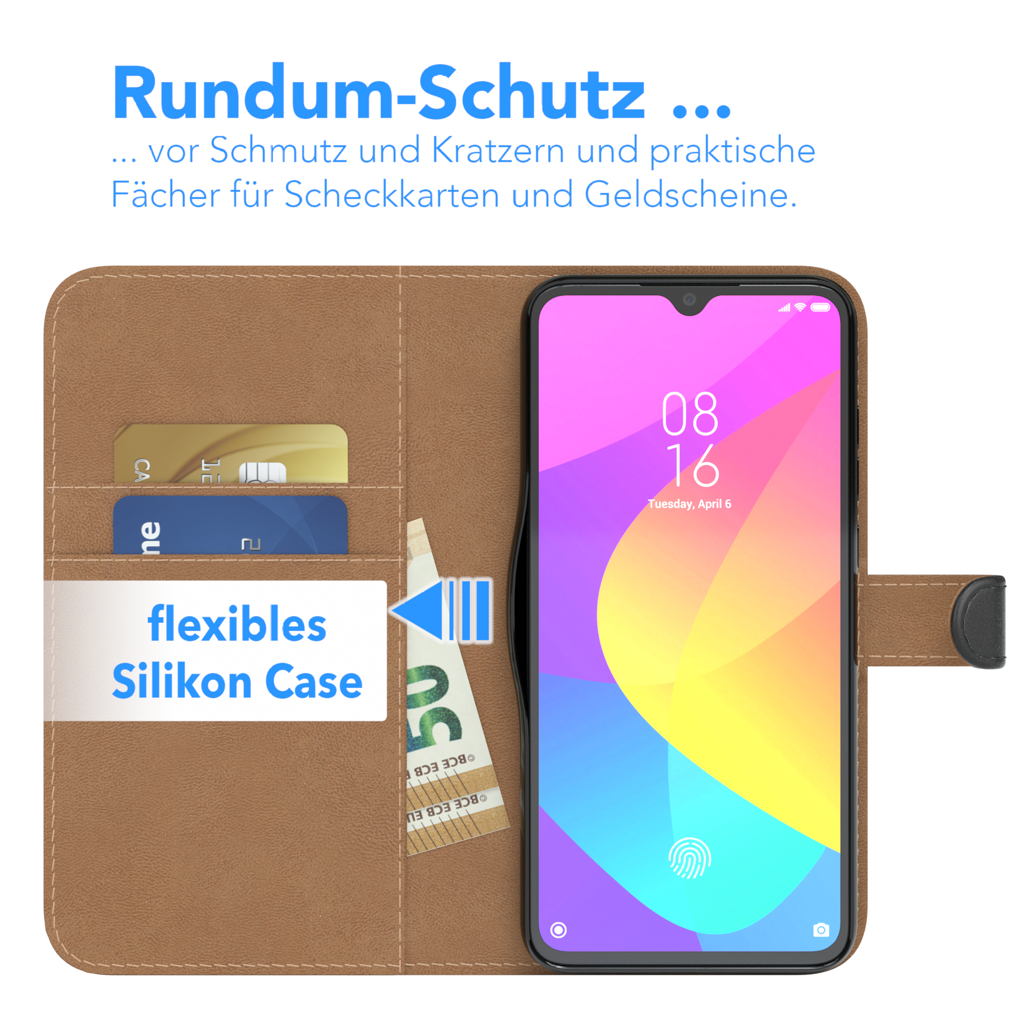 Eine Handyhülle mit einem Telefon darin, mit Karten und Bargeld, auf braunem Lederhintergrund.