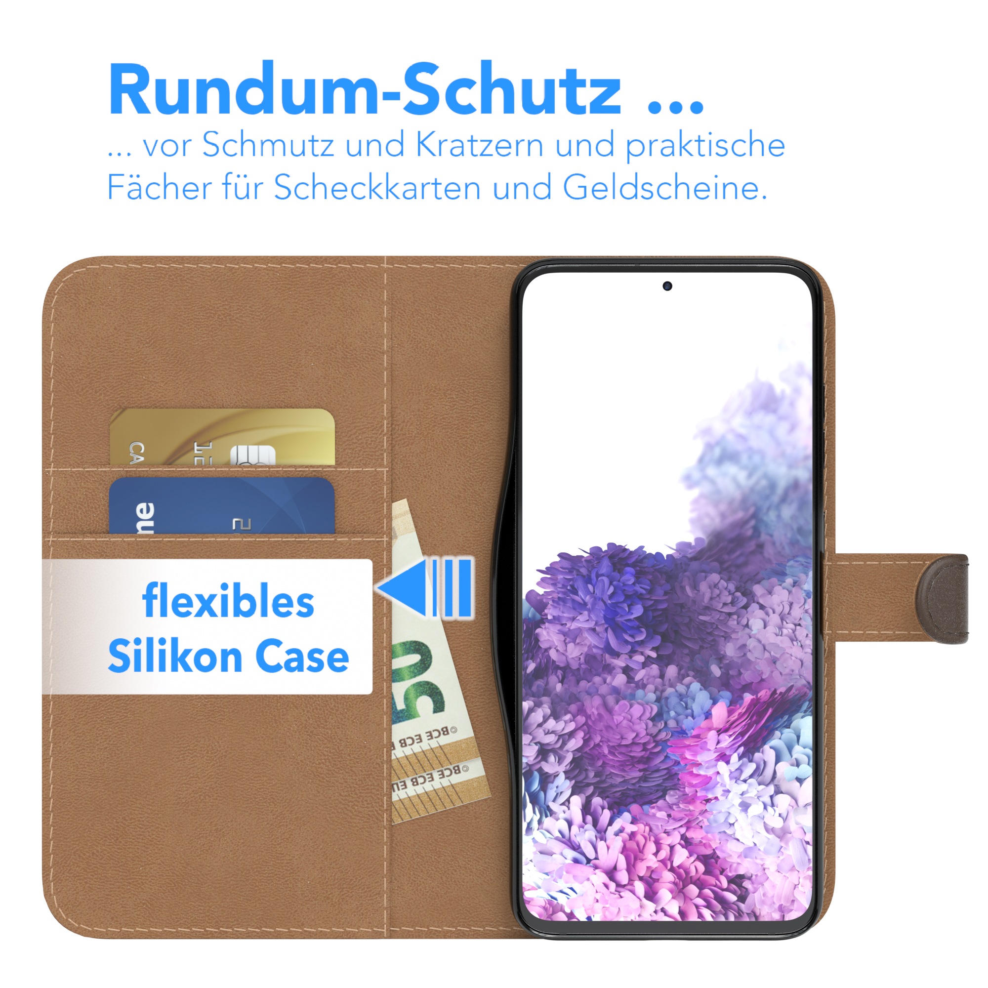 Telefon in einer Hülle mit Karten und Geld in den Fächern.