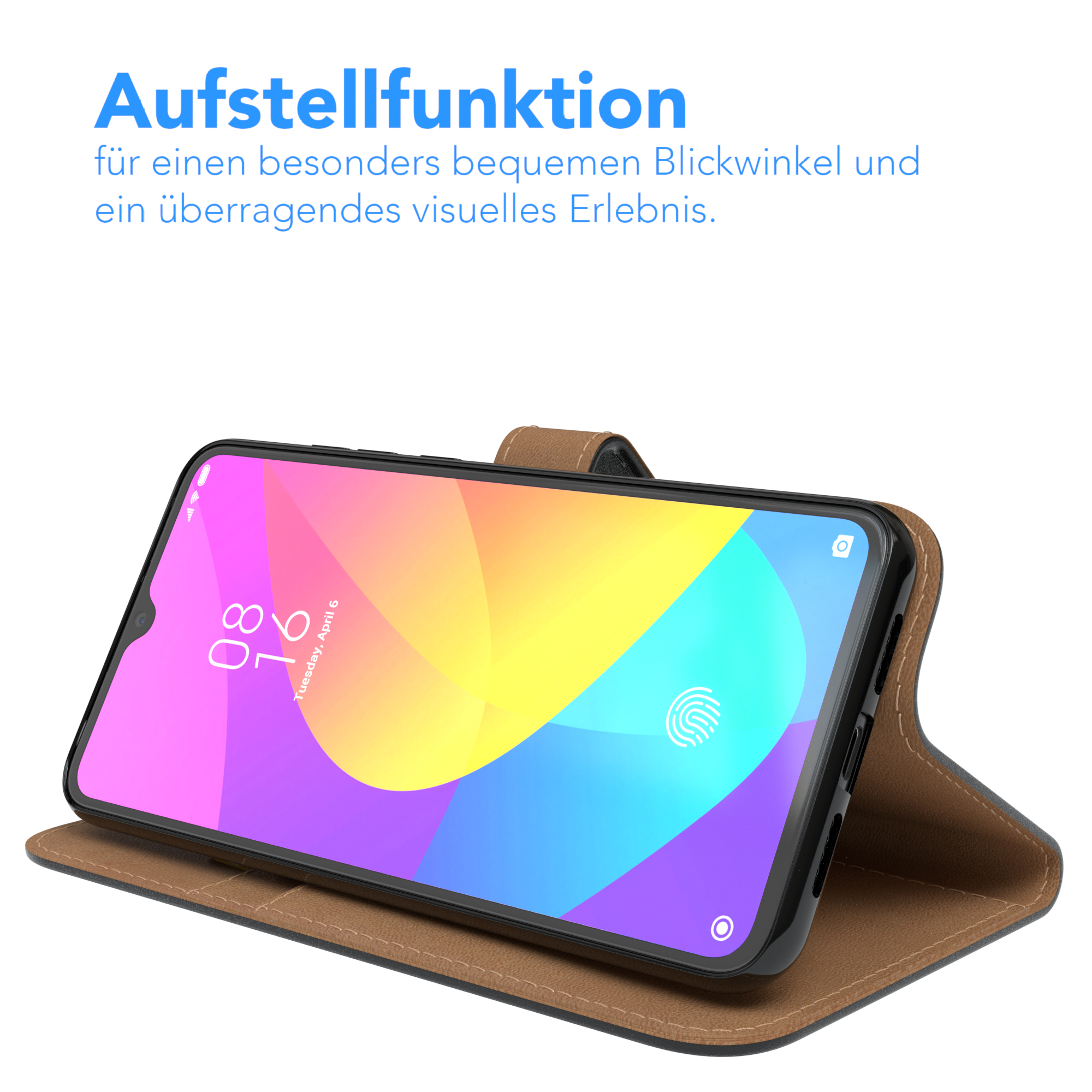 Telefon in einer Hülle, geöffnet auf einem Tisch. Der Bildschirm zeigt einen Kalender.