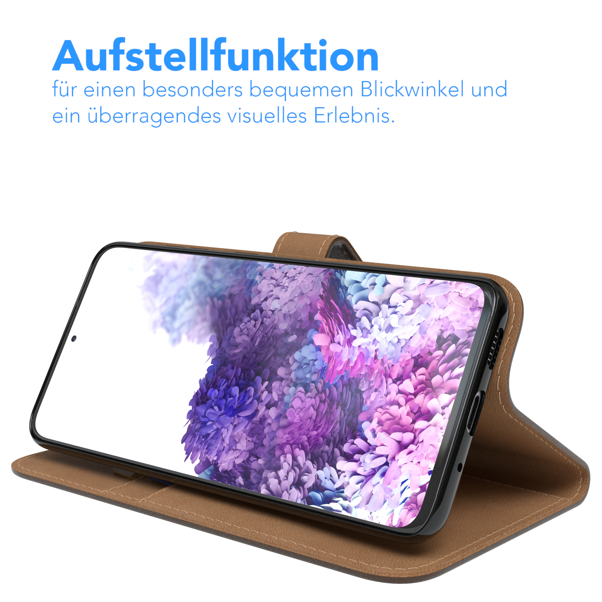 Telefon in brauner Hülle in Aufstellposition. Text: Aufstellfunktion für einen bequemen Blickwinkel.