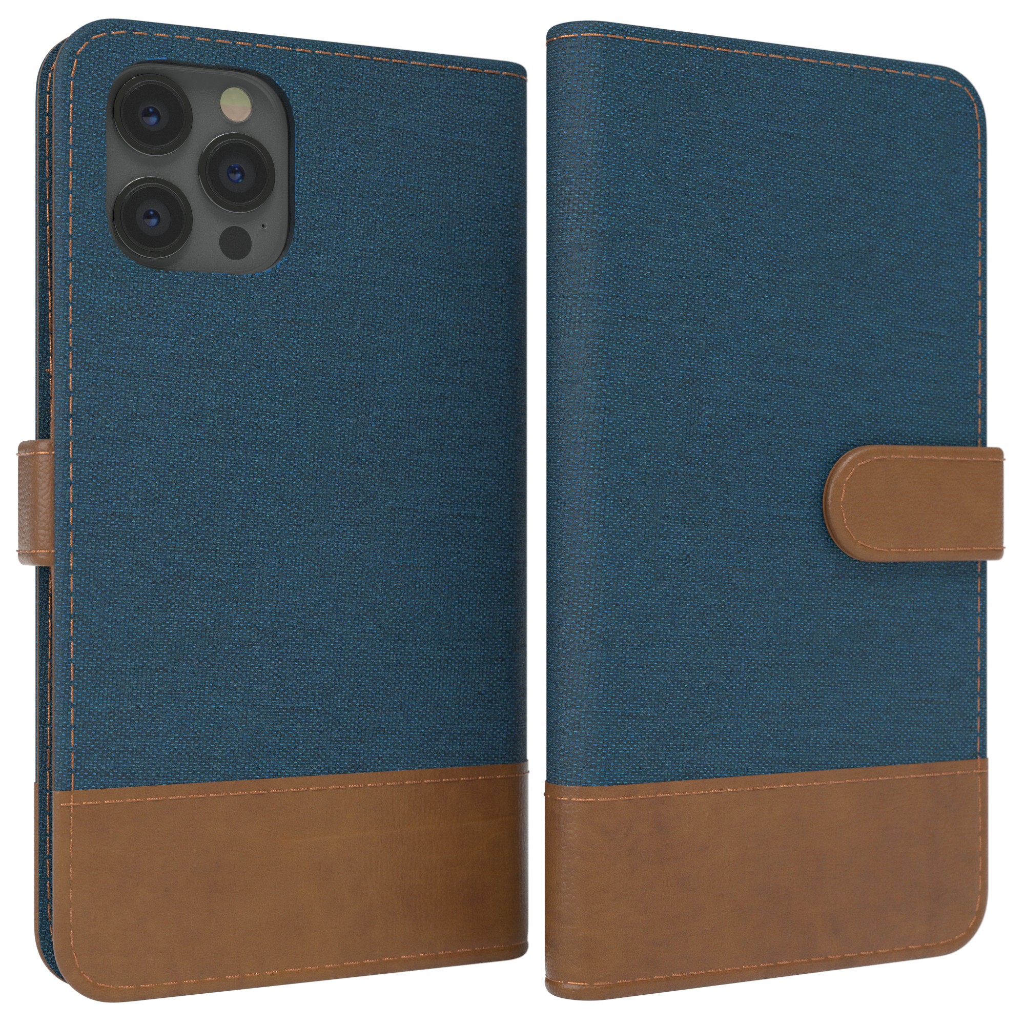 EAZY CASE Bookstyle Klapphülle iPhone 12 Blau Jeans mit Pro Apple, Bookcover, Max, Kartenfach