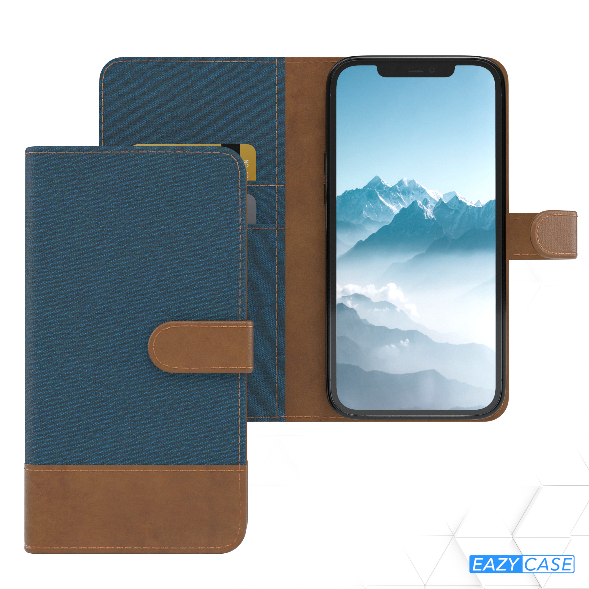 Blau-braune Handyhülle, geschlossen. Das Telefon zeigt eine neblige Landschaft.