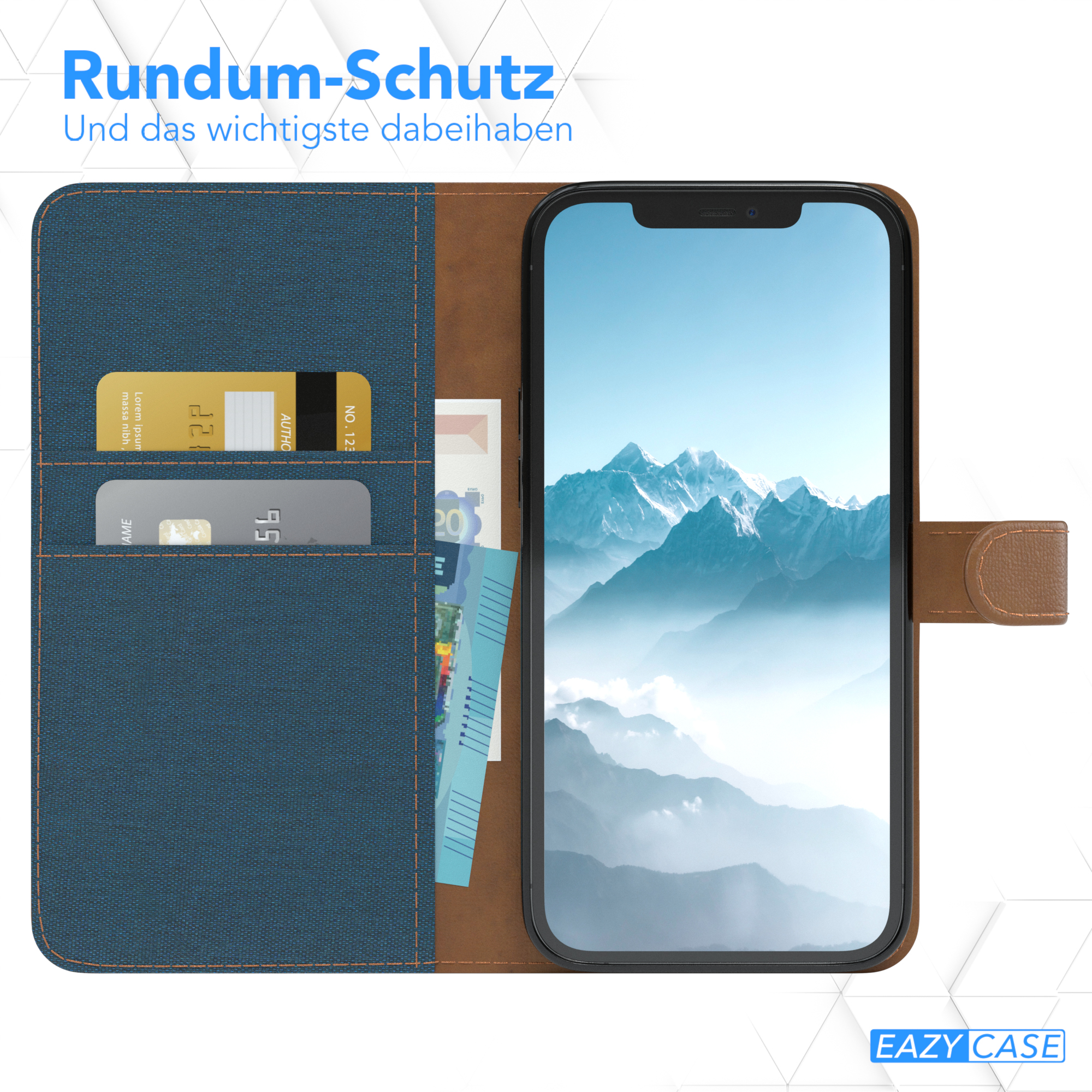 Geöffnete Handyhülle mit Telefon, Kreditkarten und Bargeld. Der Hintergrund ist blau.