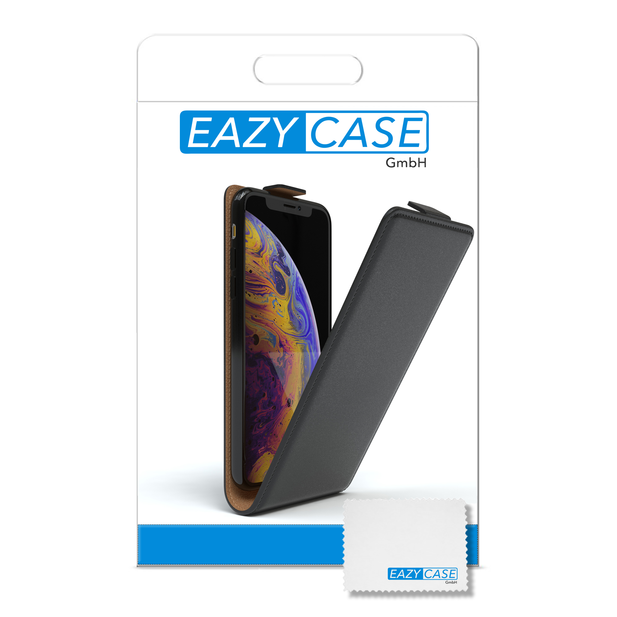 Telefon in einem Gehäuse. Das Telefon ist schwarz. Das Gehäuse ist schwarz. Der Hintergrund ist eine Packung.