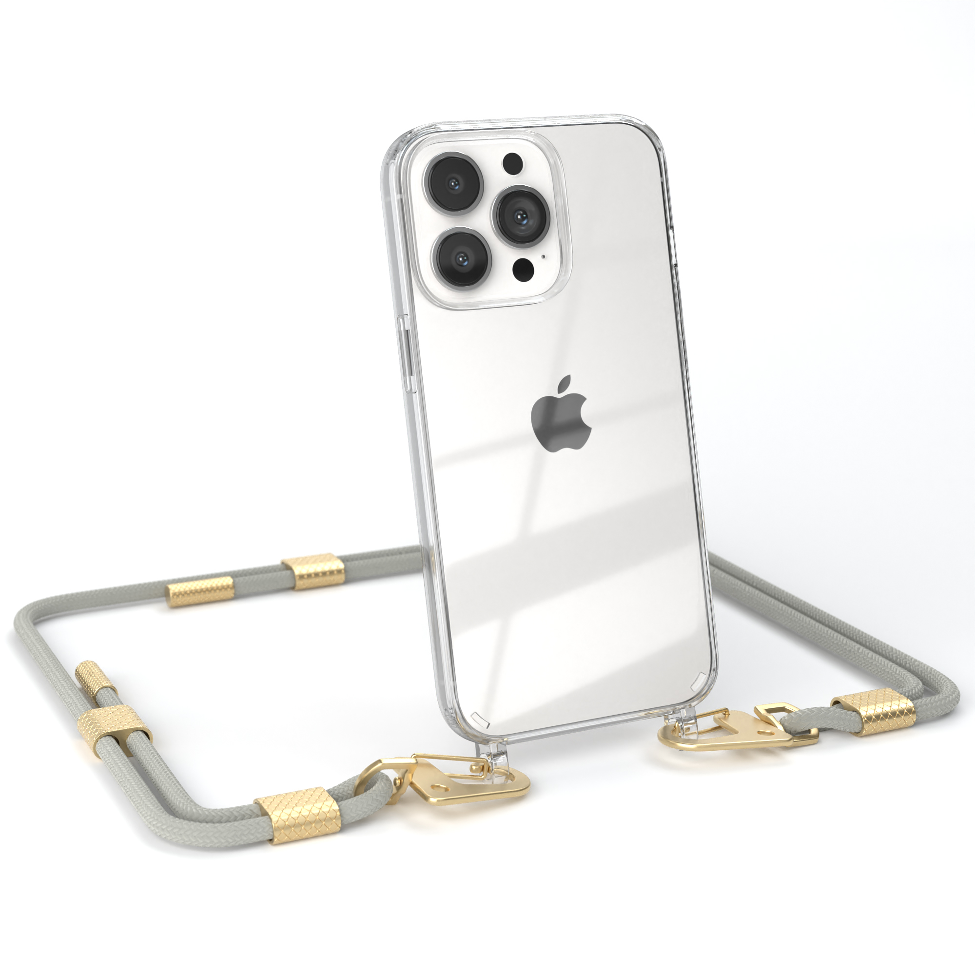 Eine transparente Handyhülle mit einem grauen Kabel. Das Telefon hat eine Kamera.