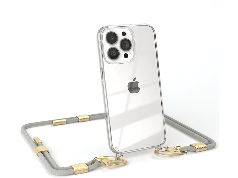 EAZY CASE Transparente Handyhülle mit runder Kordel + Karabiner, Umhängetasche, Apple, iPhone 13 Pro, Taupe Beige / Matt Gold