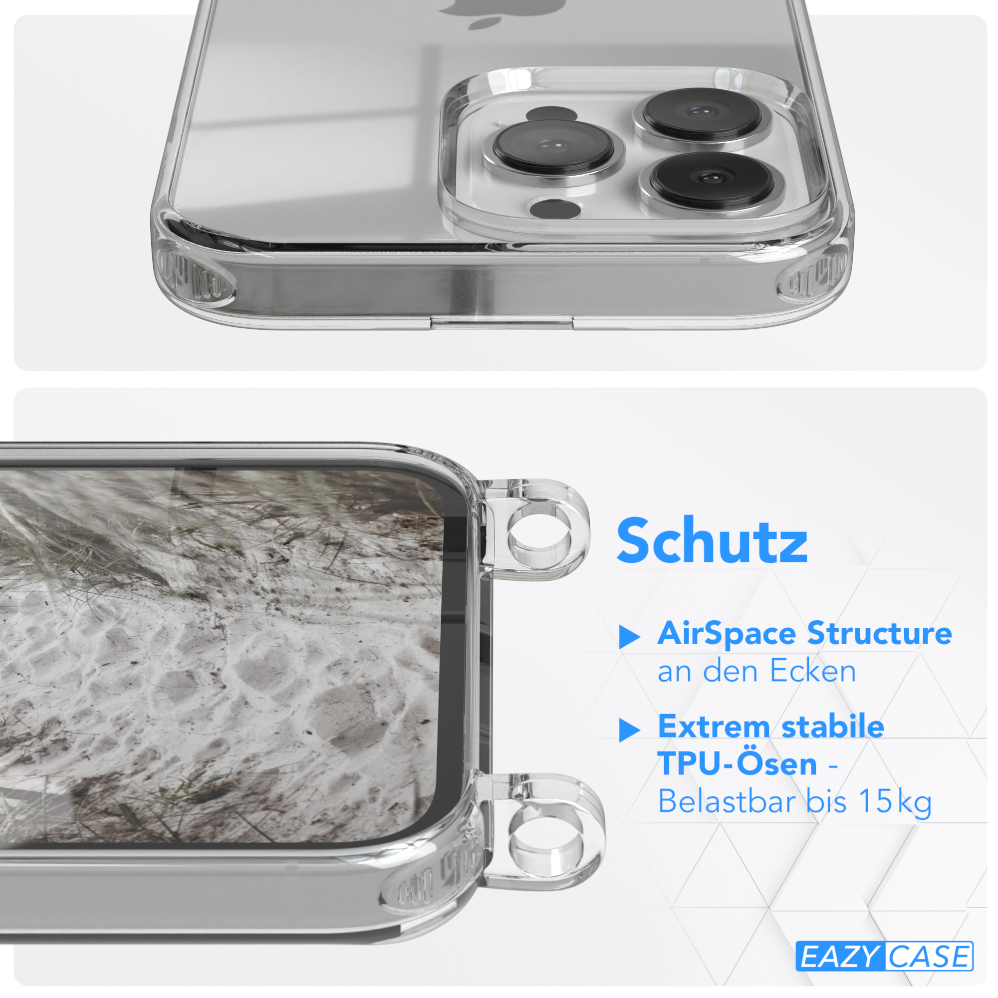 Nahaufnahme einer transparenten Handyhülle. Die Hülle hat Schutzfunktionen und eine AirSpace Structure.