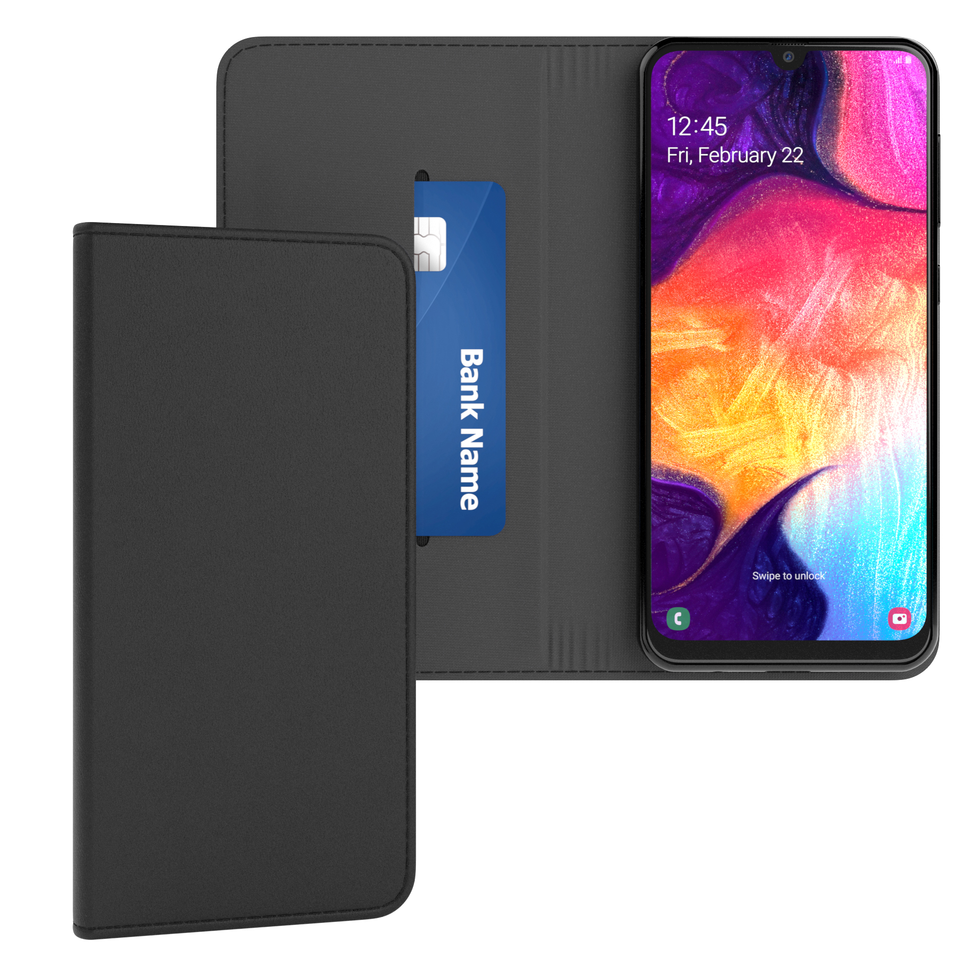 Schwarze Handyhülle mit Smartphone und Kreditkarte. Das Handy zeigt eine bunte Oberfläche.