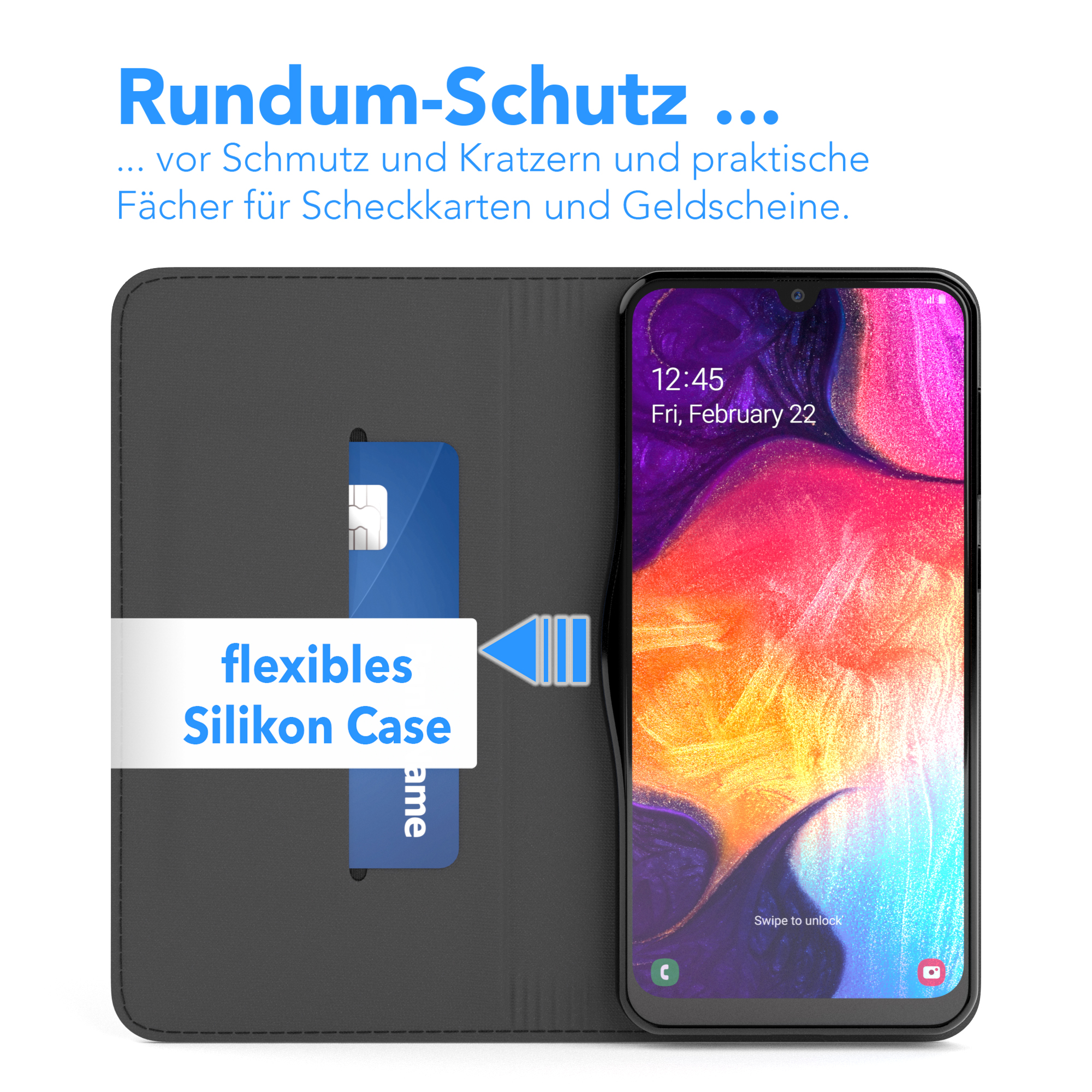 Ein Telefon in einer grauen Hülle, geöffnet, mit zwei Kreditkarten und dem Bildschirm mit einem Datum.