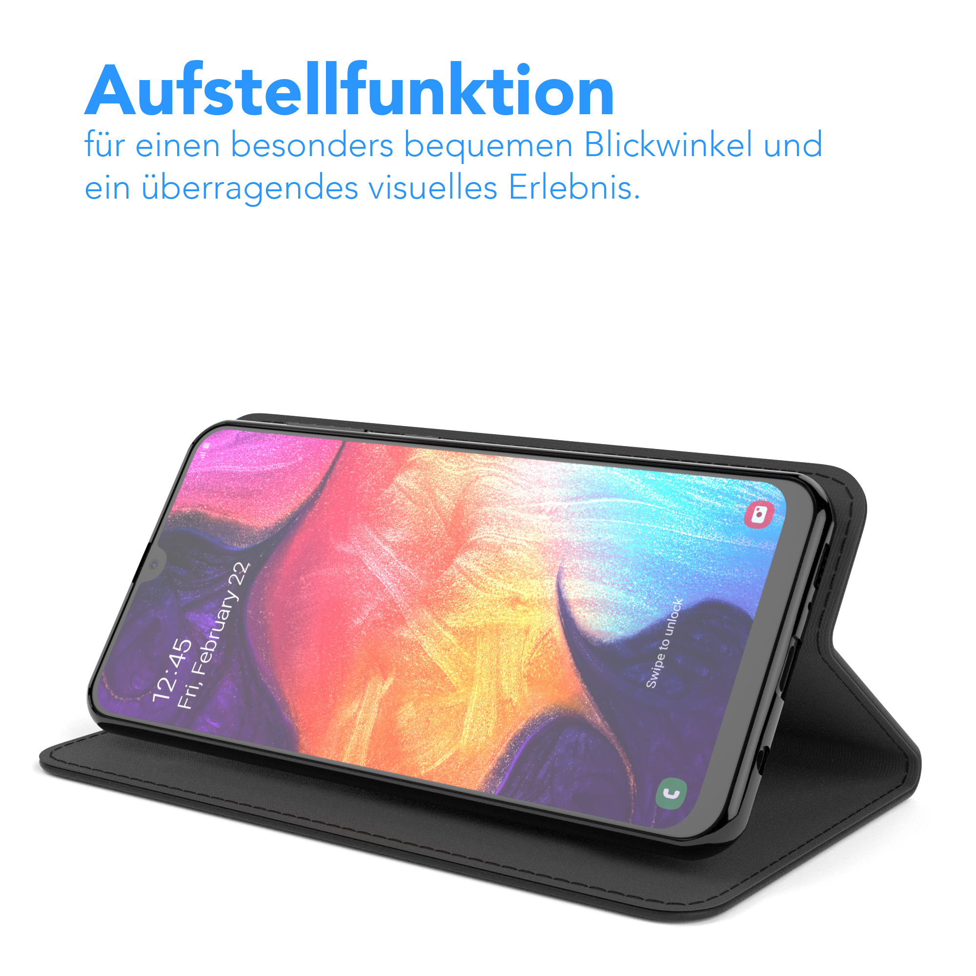Telefon in schwarzer Hülle, angewinkelt geöffnet, zeigt Bildschirm mit Uhrzeit und Datum.
