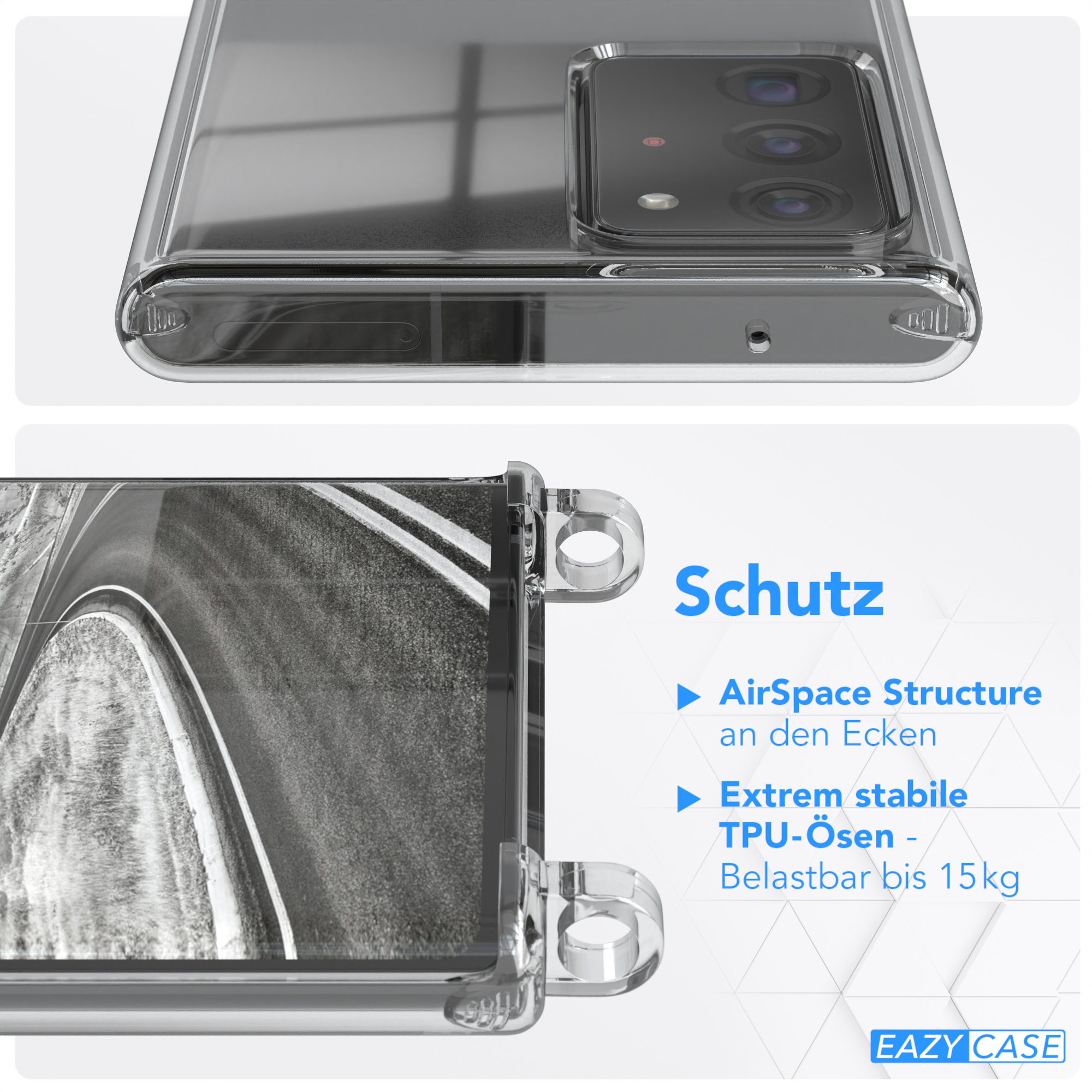 Nahaufnahme einer transparenten Handyhülle zeigt Schutzfunktionen: AirSpace Structure, TPU-Ringe und 15 kg Belastbarkeit.