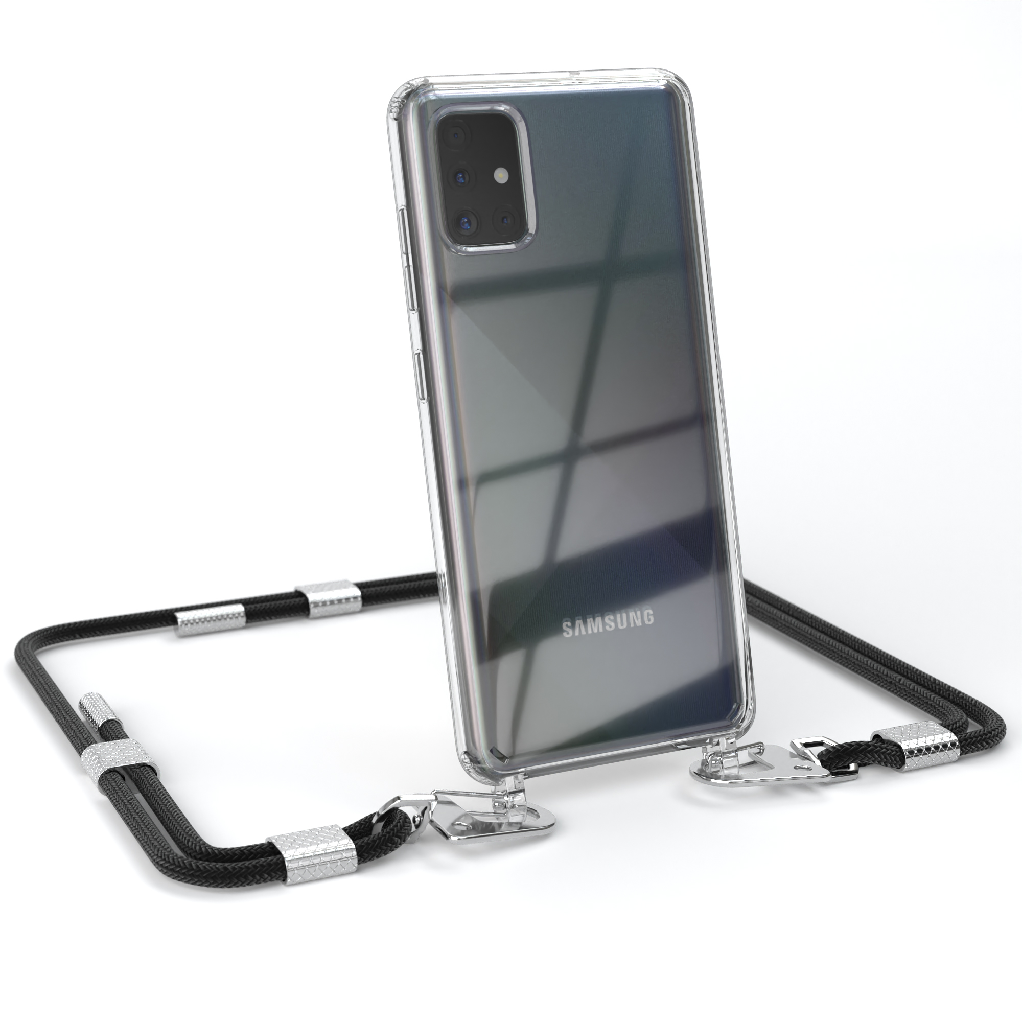 Silber + Samsung, Galaxy Karabiner, Kordel Umhängetasche, A51, mit / EAZY CASE Transparente Schwarz runder Handyhülle