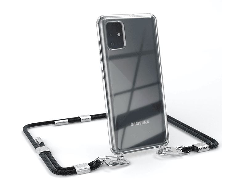 CASE Schwarz Transparente / EAZY runder Samsung, mit Karabiner, + A51, Kordel Handyhülle Umhängetasche, Silber Galaxy