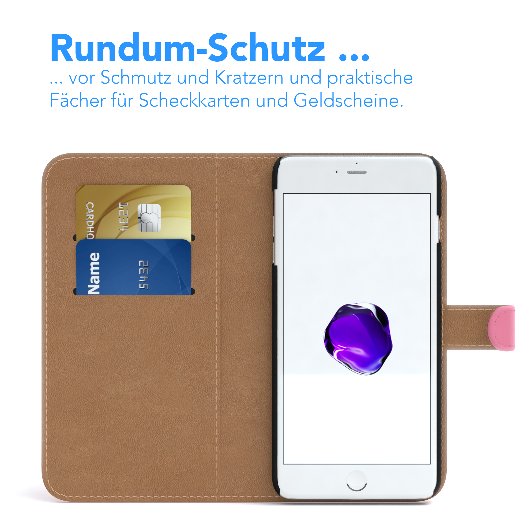 Eine Handyhülle mit Kreditkartenfächern. Zwei Karten sind sichtbar, mit einem Telefon darin.