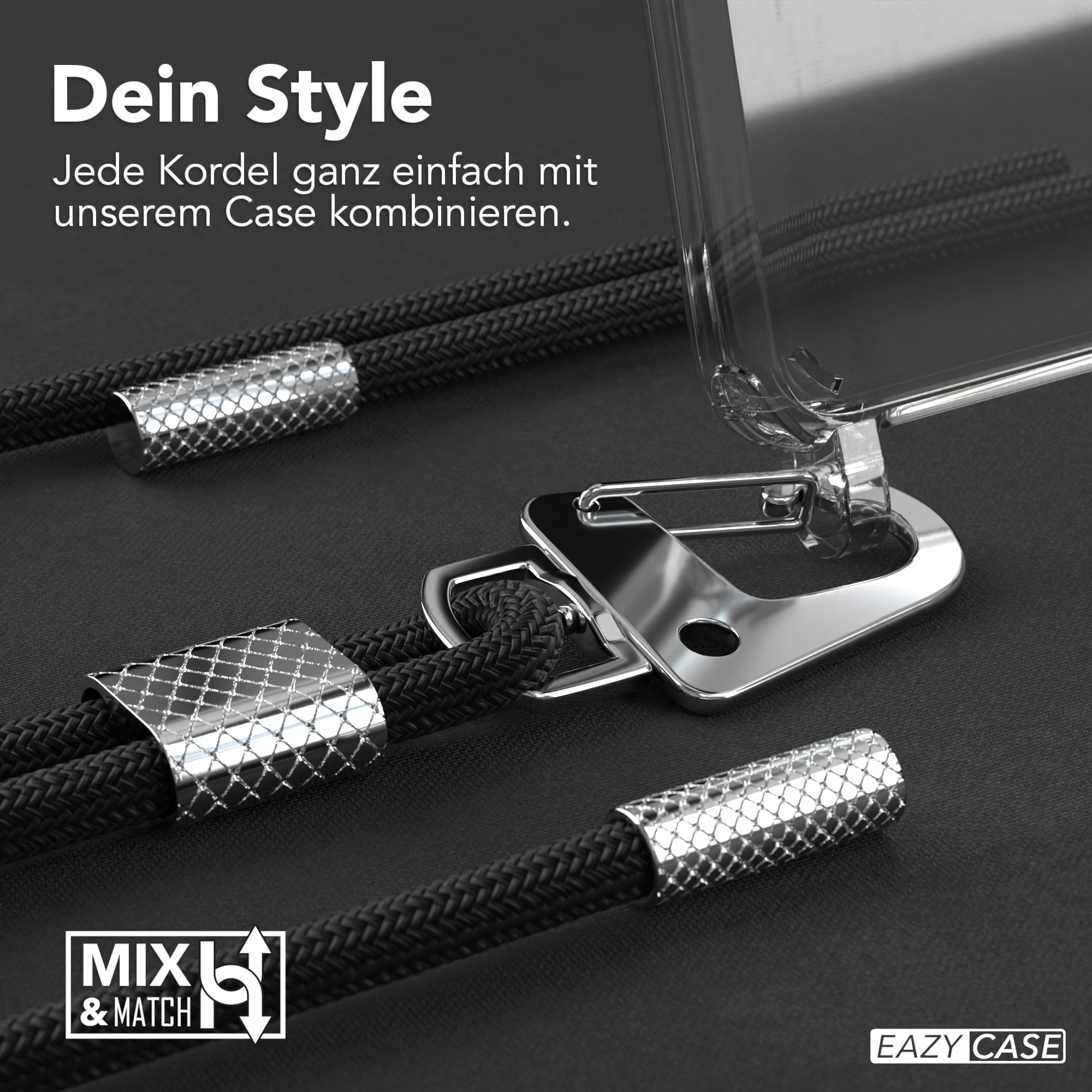 Nahaufnahme von Handyhüllenriemen und -befestigungen. Zeigt silberne Metalldetails.