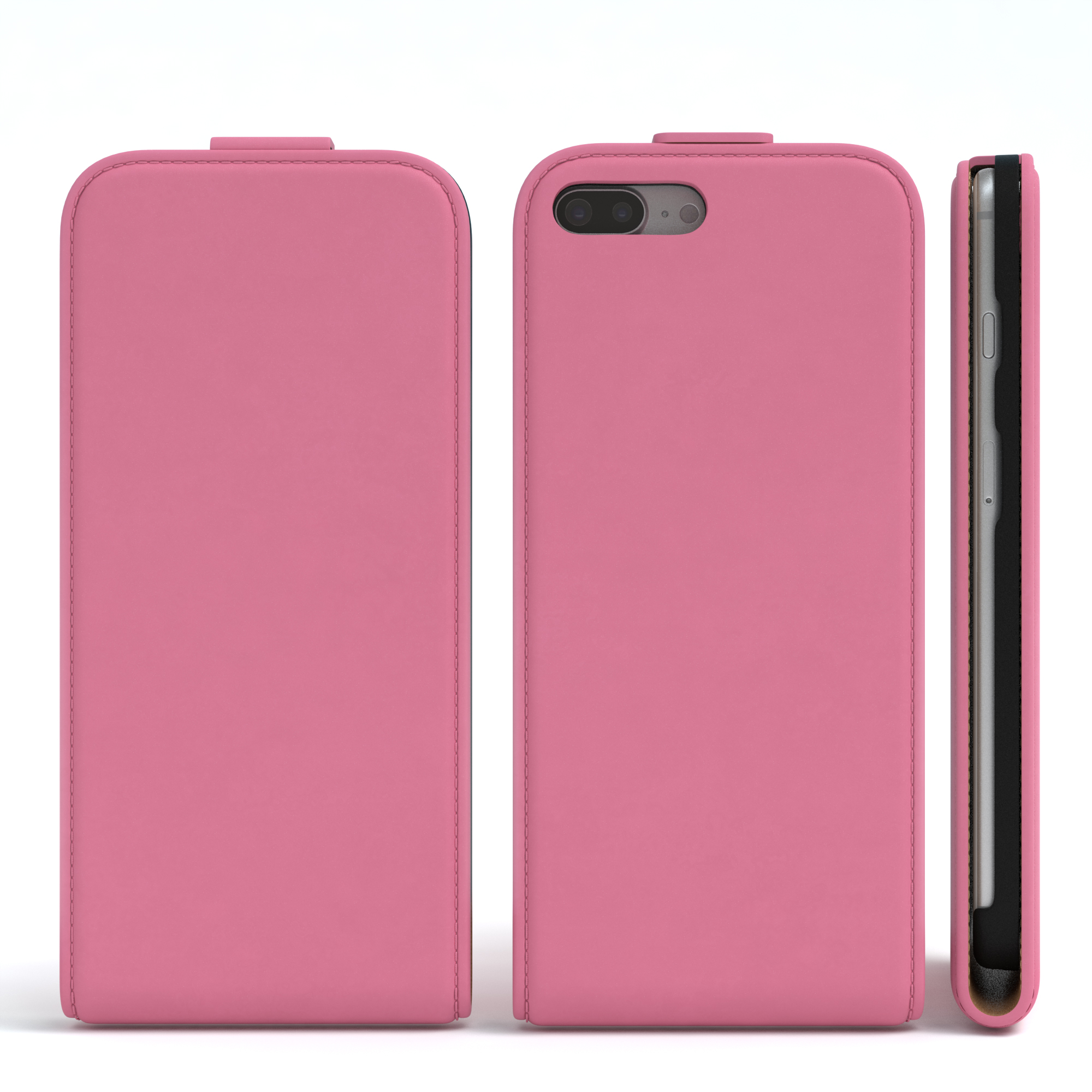 Drei Ansichten einer rosa Handyhülle, geschlossen und offen, die das Telefon im Inneren zeigen.