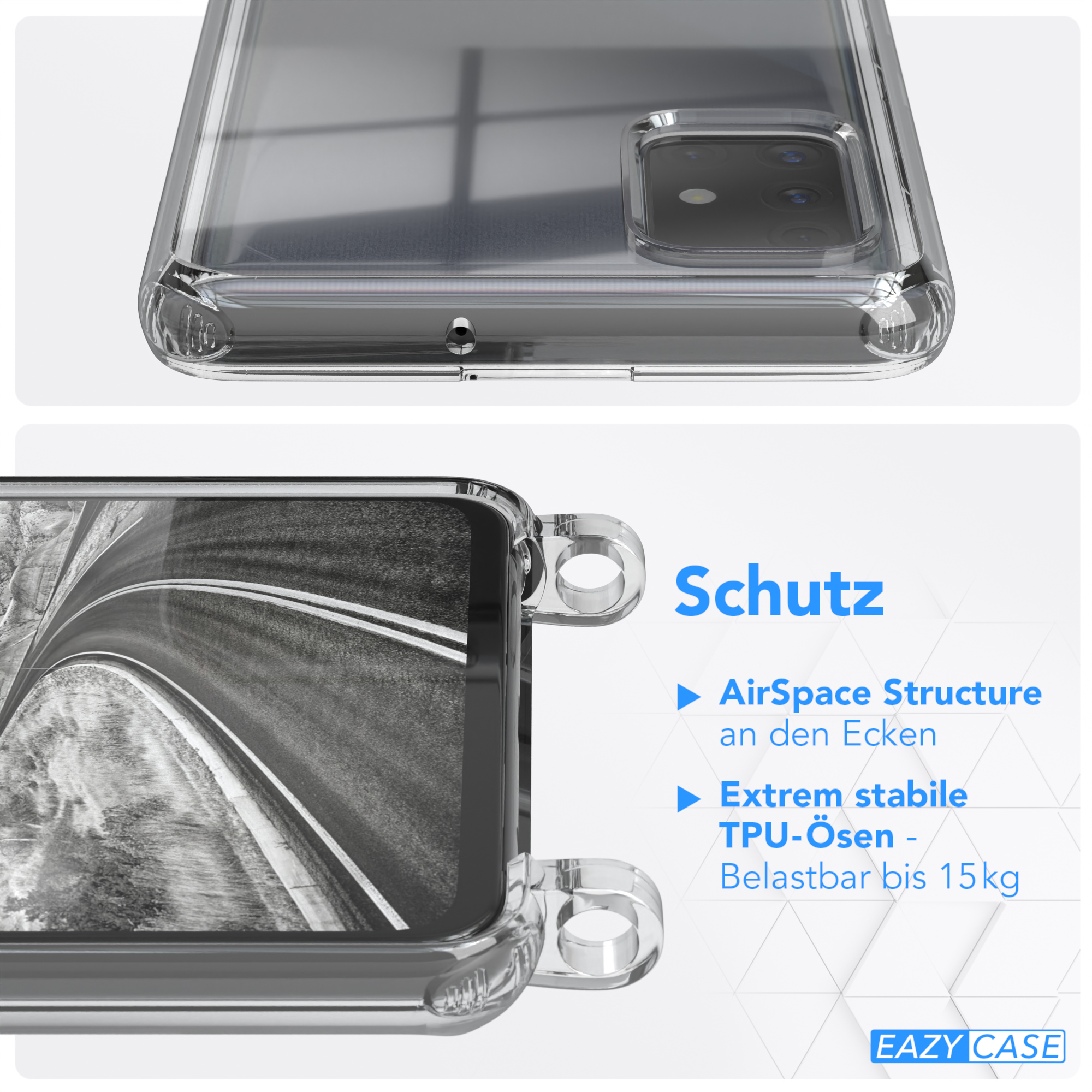 Transparente Handyhülle mit Schutzdesign. Die Hülle hat einen Kameraausschnitt und wird im Detail gezeigt.