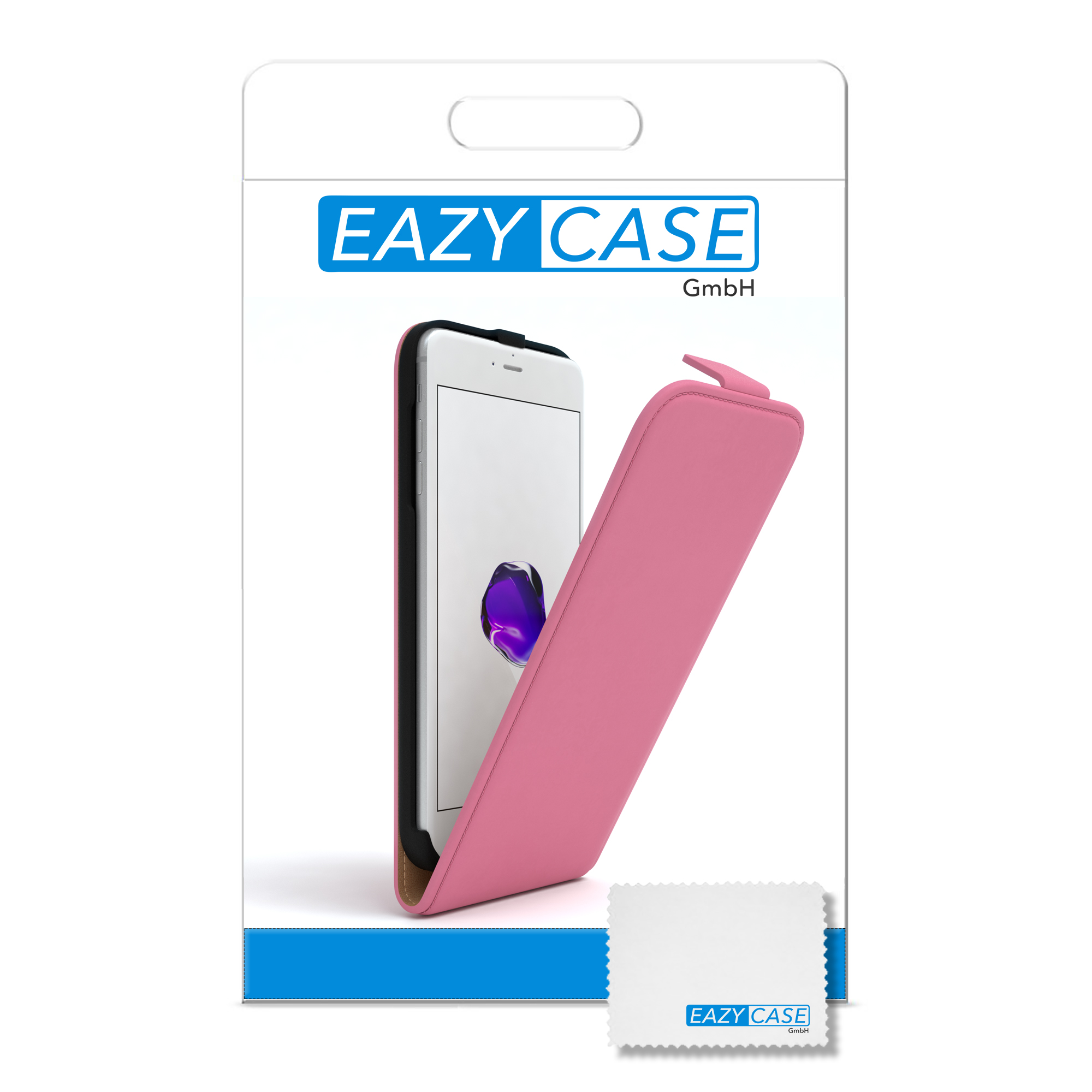Eine rosa Handyhülle mit einem Telefon im Inneren, in einer Verpackungsbox.