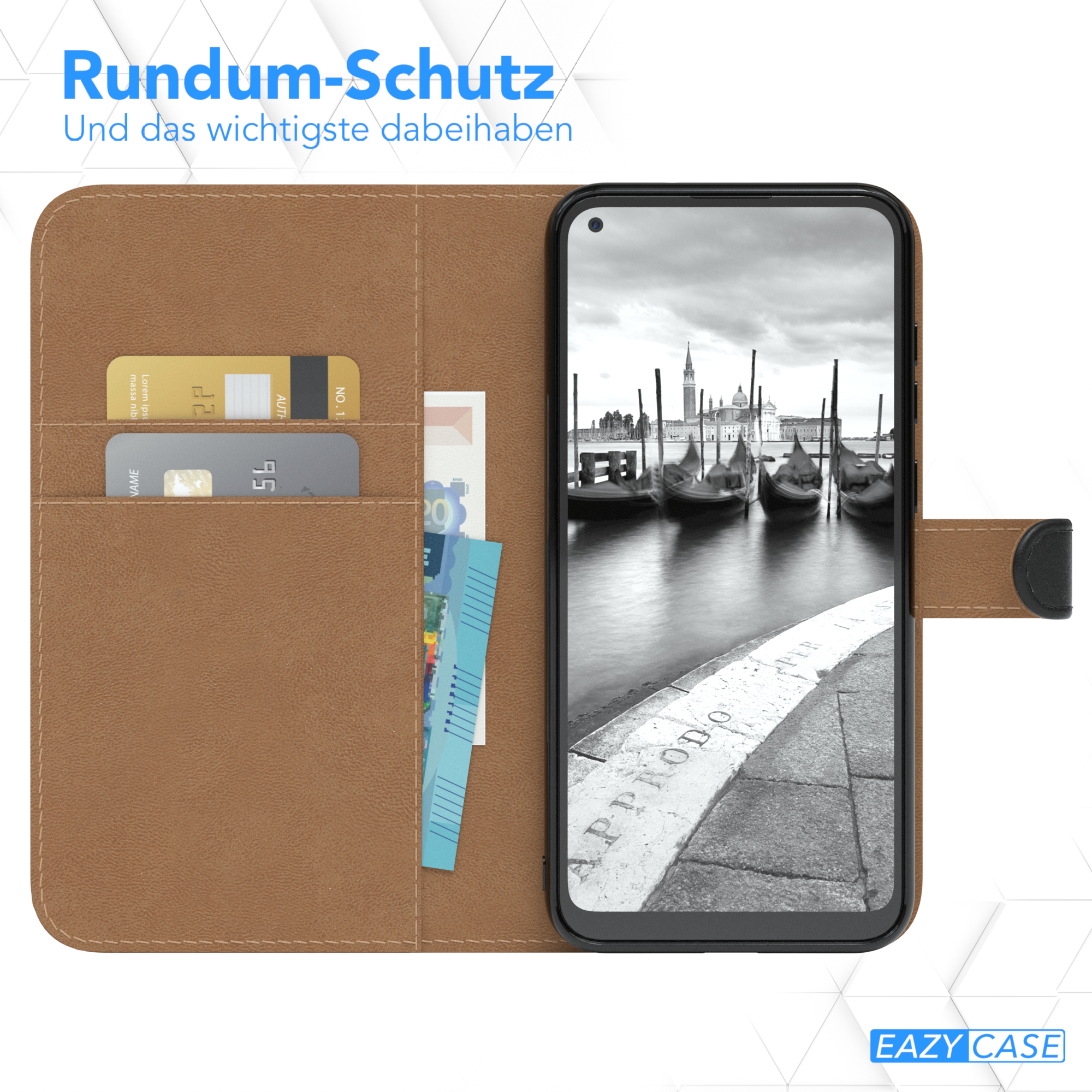 Geöffnete Handyhülle mit Karten und Telefon. Zeigt die Stauraumkapazität der Hülle.
