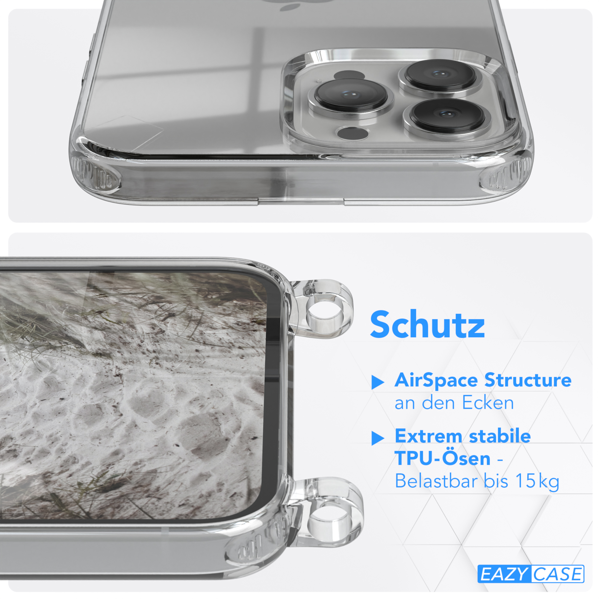 Transparente Handyhülle mit Strandmotiv auf der Rückseite, mit Schutzdetails.