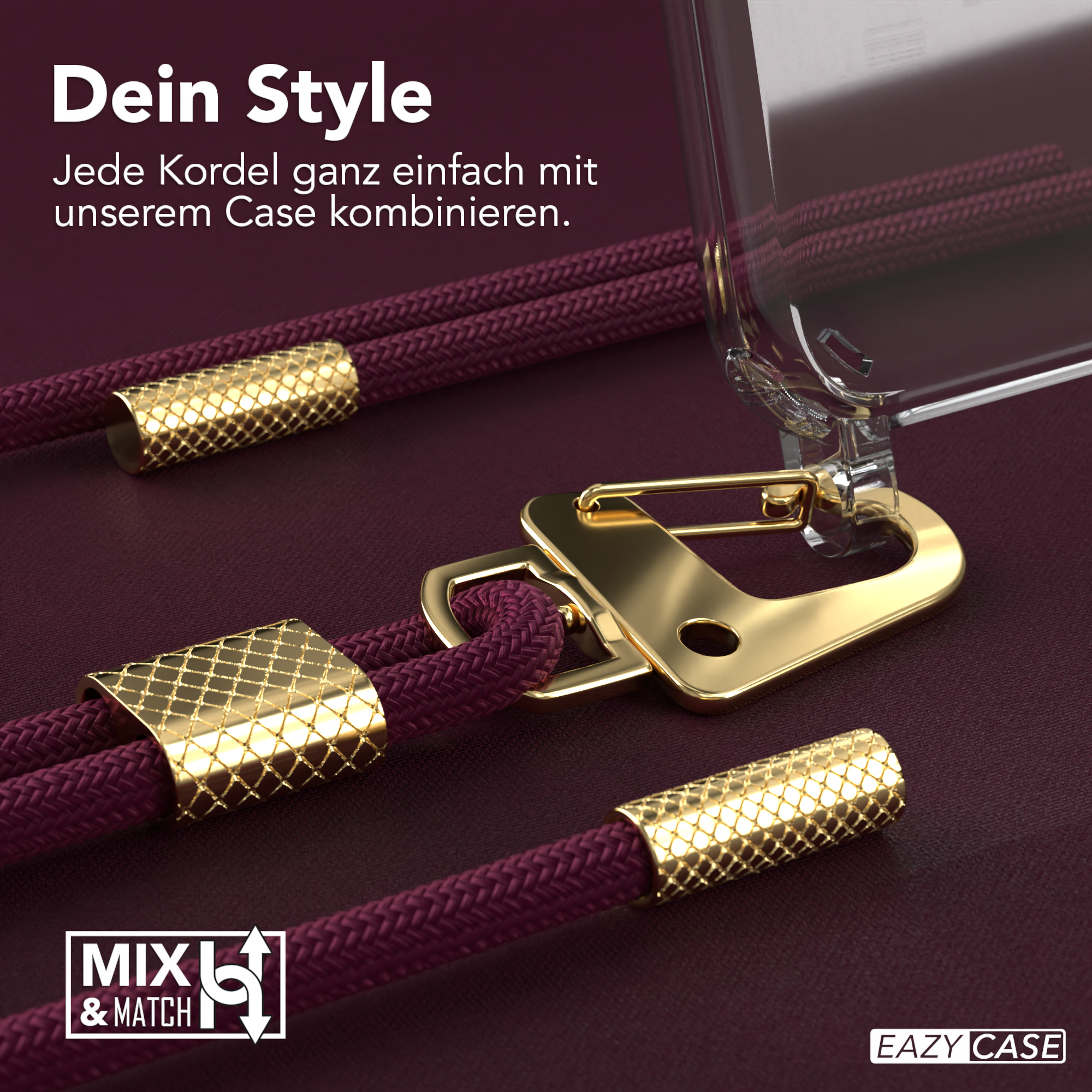 Nahaufnahme einer weinroten Telefonschnur mit goldenen Akzenten und einem goldenen Verschluss, verbunden mit einer Hülle.
