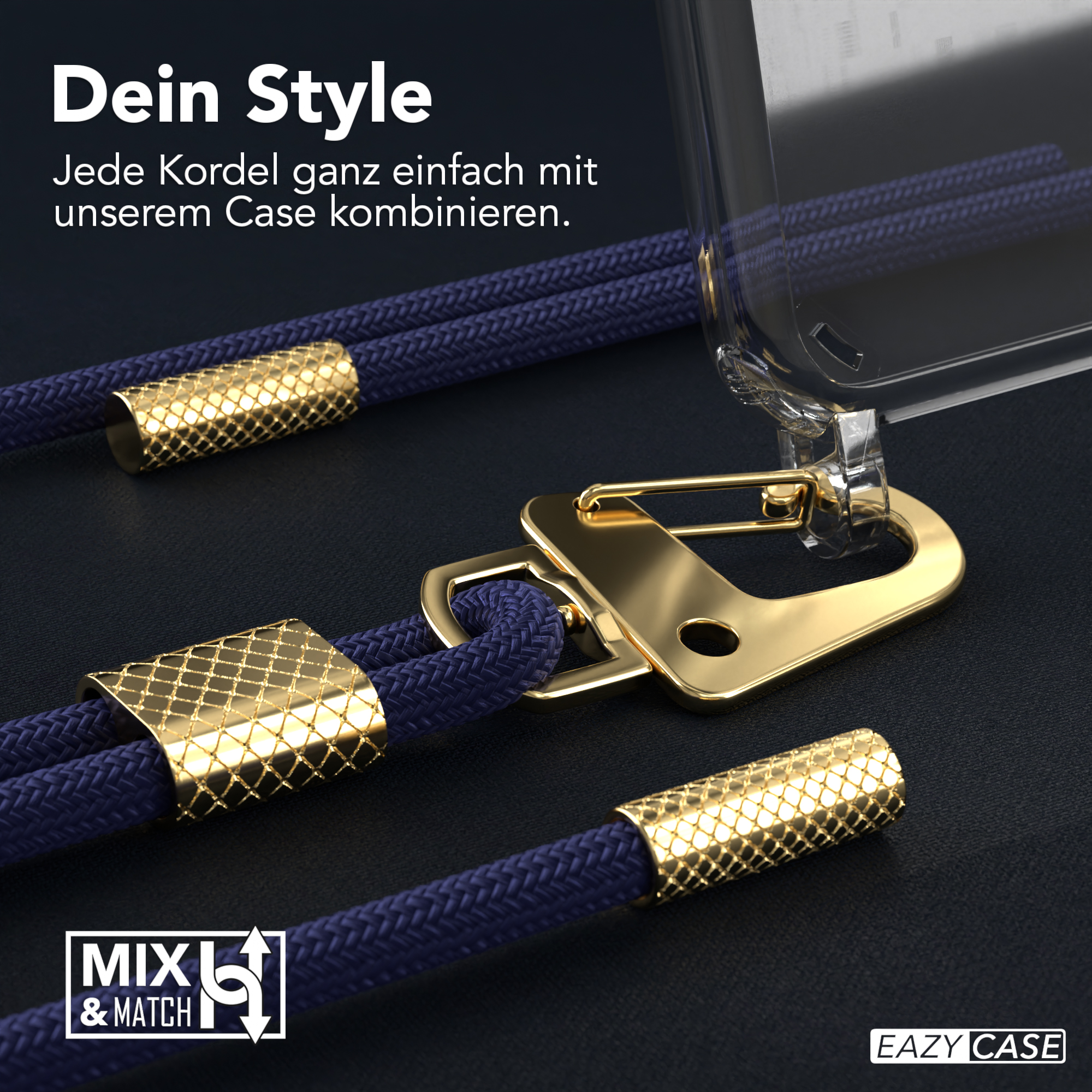 Nahaufnahme einer Handyhülle mit marineblau geflochtenem Riemen und goldfarbener Hardware.