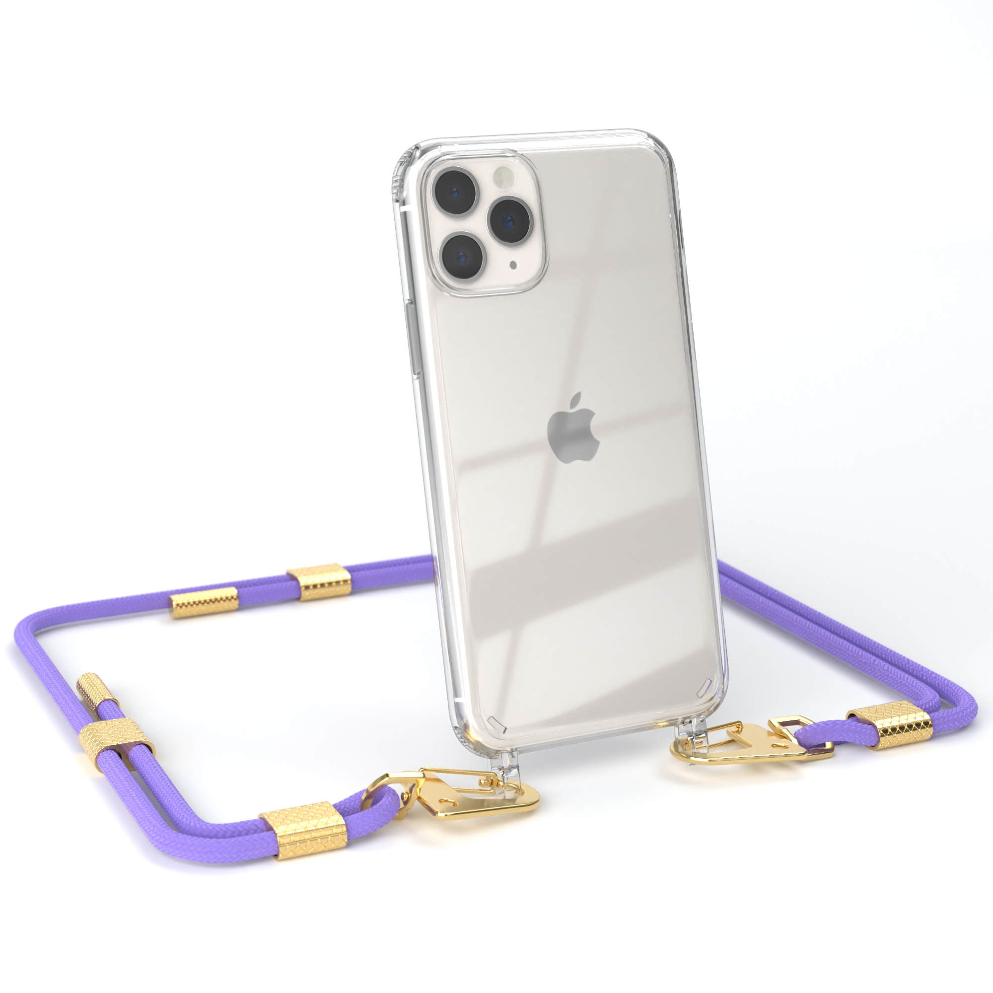 Transparente iPhone-Hülle mit lila Lanyard und goldenen Akzenten. Lila Kordel, goldene Verschlüsse, iPhone sichtbar.
