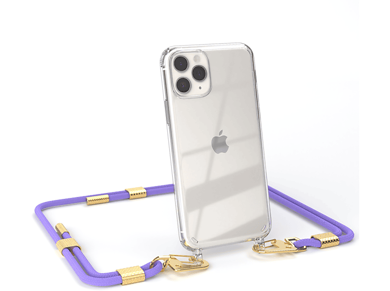EAZY CASE Transparente Handyhülle mit 11 Flieder Lila Pro, iPhone runder + Apple, Gold Umhängetasche, / Karabiner, Kordel