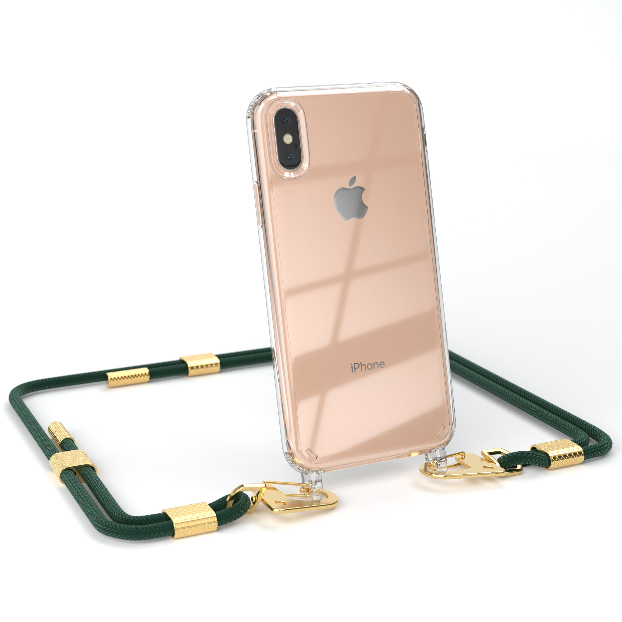 Transparente Handyhülle mit Lanyard, goldfarbene Akzente. Apple-Logo.
