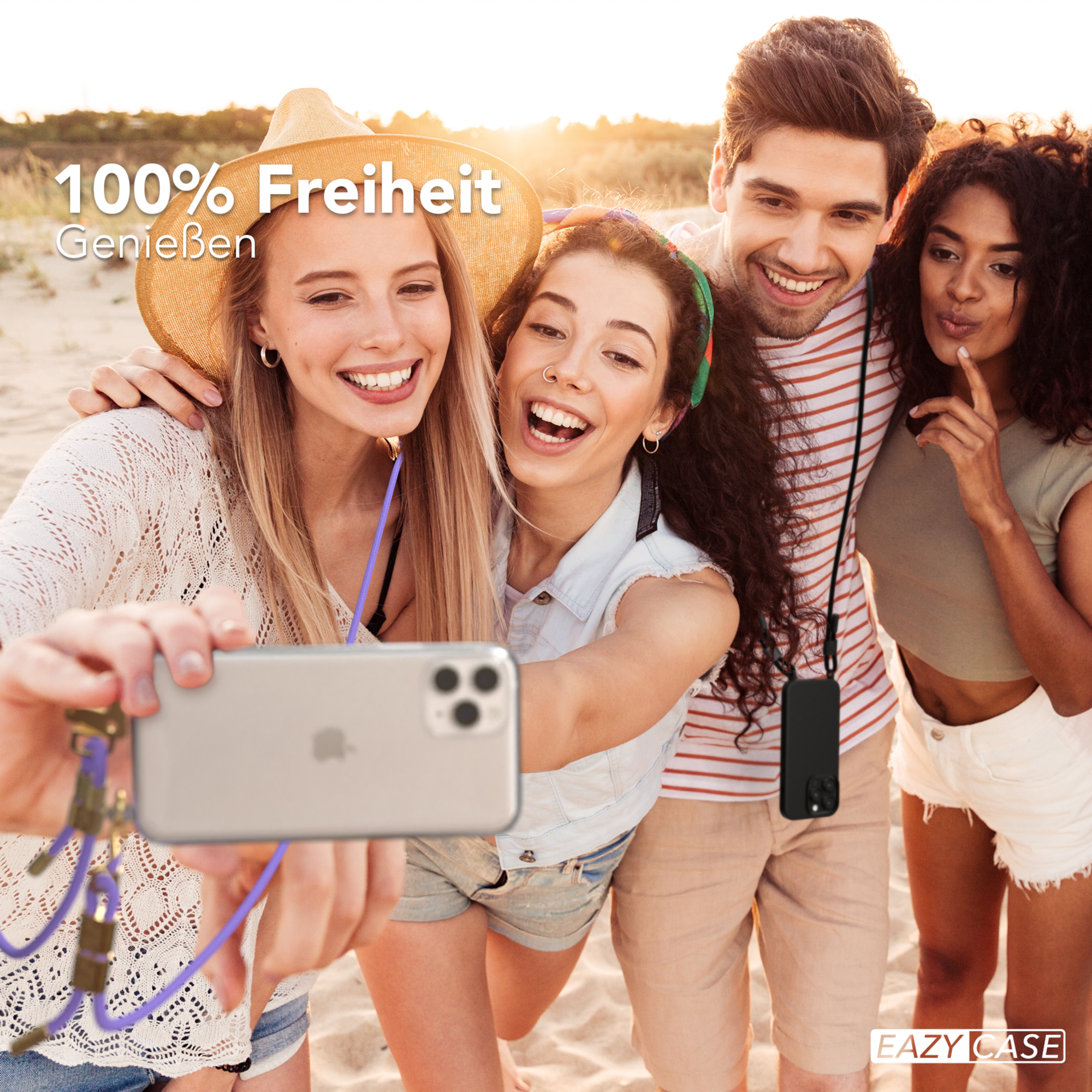 Vier junge Leute machen ein Selfie mit einem Telefon. Text lautet 100% Freiheit.